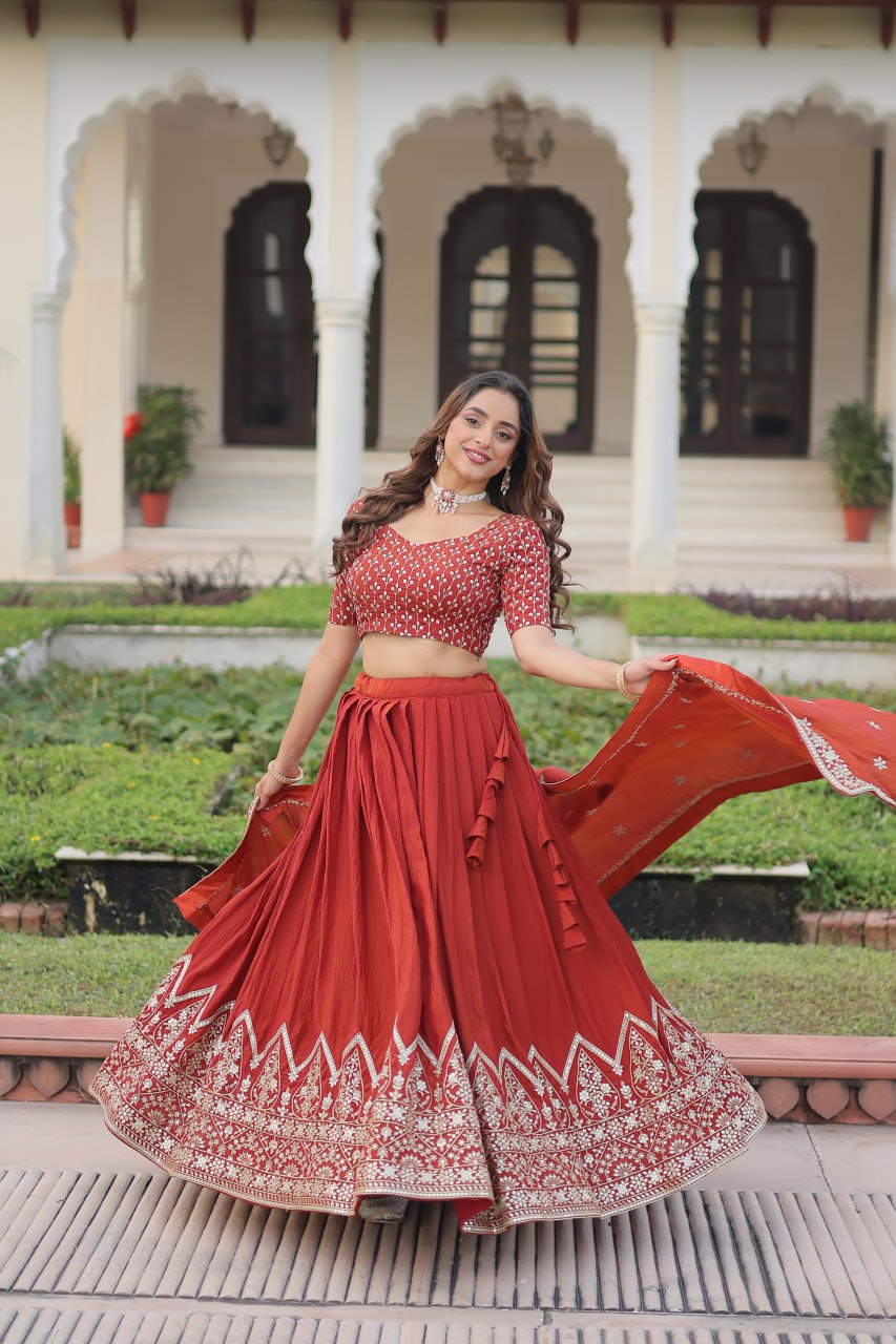 Rust Color Wedding Outfits - Lehenga Choli Set for Sangeet - Haldi - Marriage