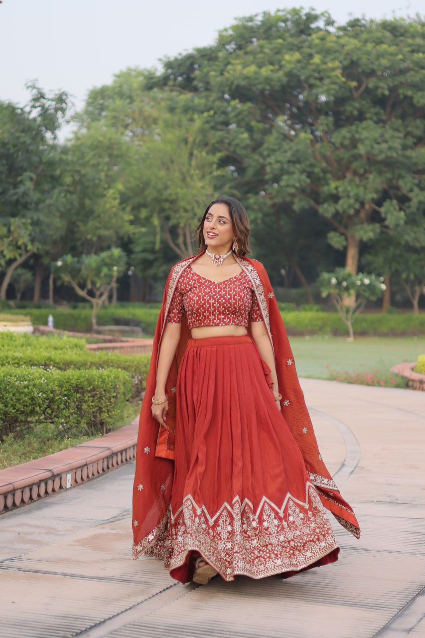 Rust Color Wedding Outfits - Lehenga Choli Set for Sangeet - Haldi - Marriage
