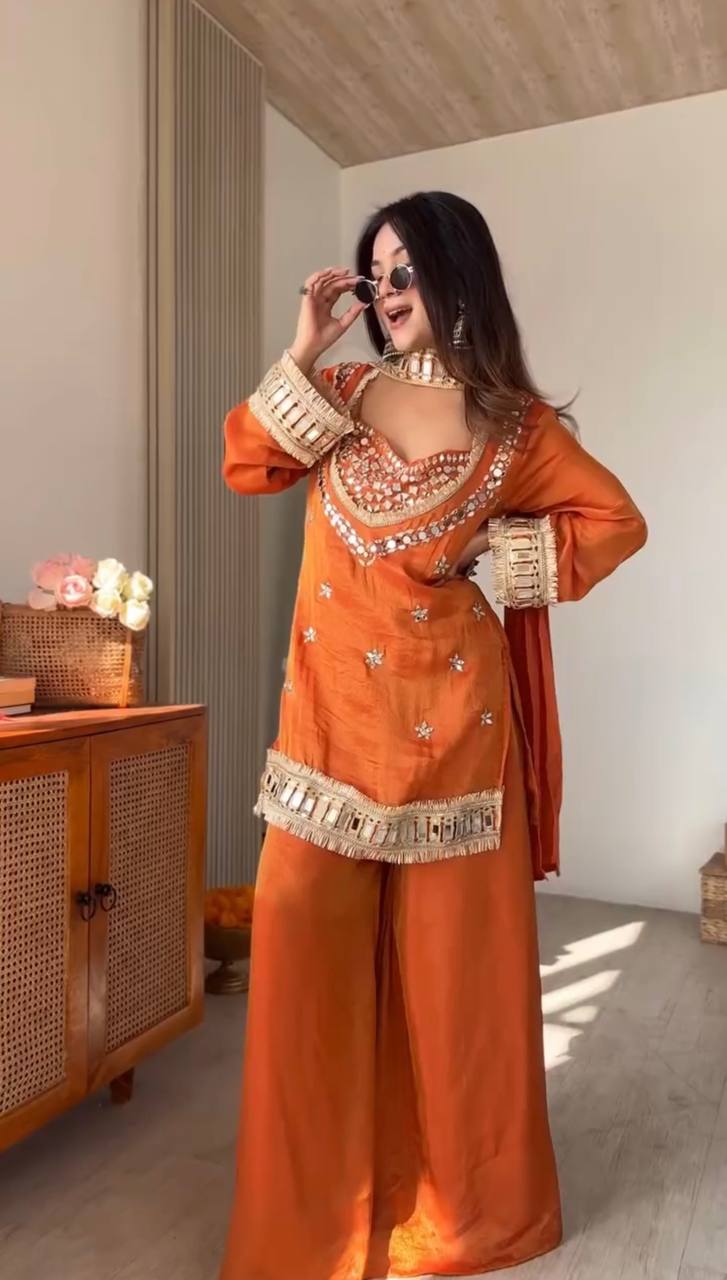 Rust Fendy Silk Mirror Work Sharara Plazzo Suit Set – Fully Stitched