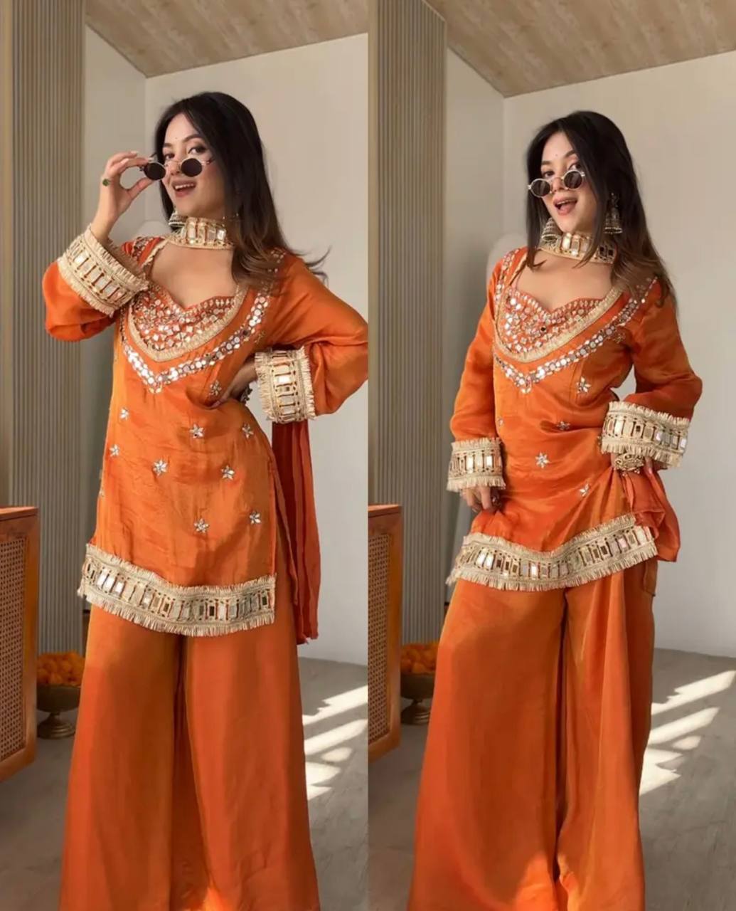 Rust Fendy Silk Mirror Work Sharara Plazzo Suit Set – Fully Stitched