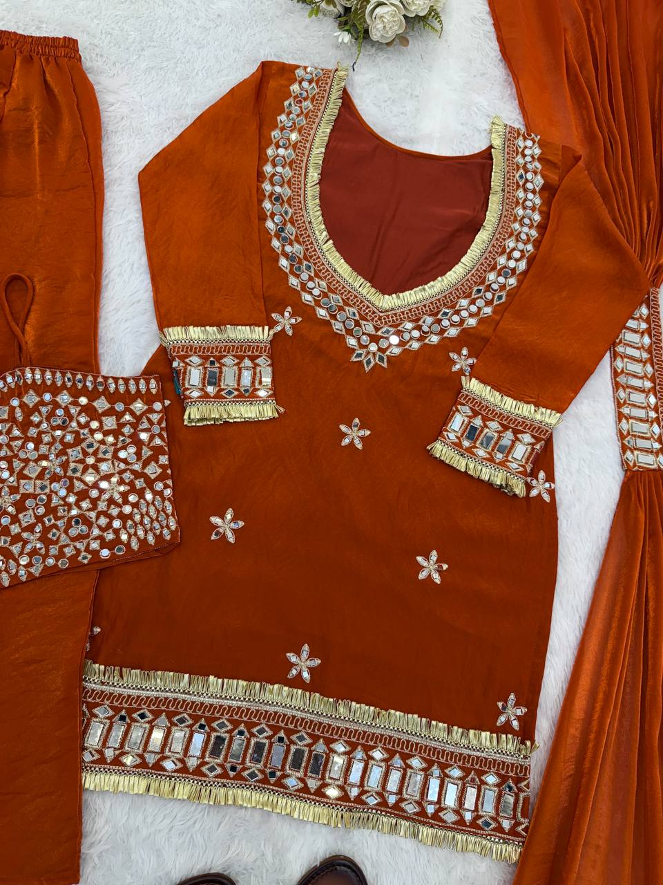 Rust Fendy Silk Mirror Work Sharara Plazzo Suit Set – Fully Stitched