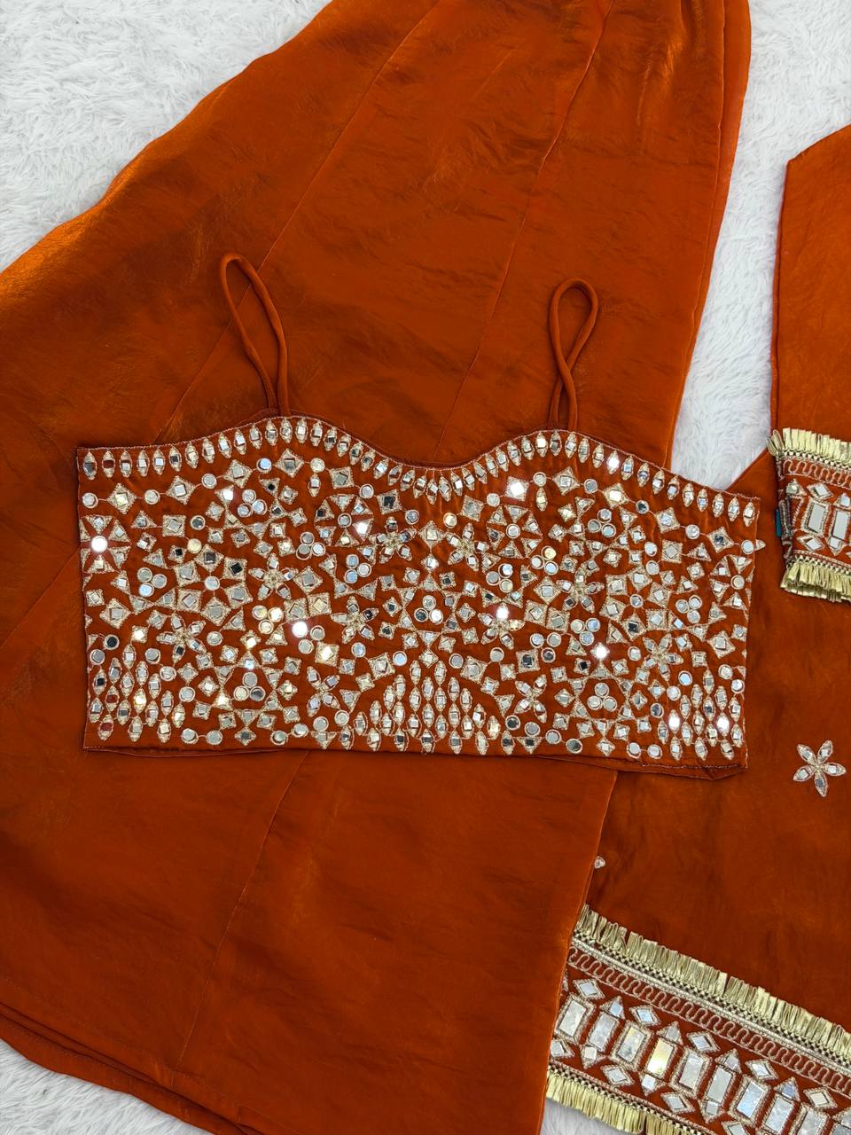 Rust Fendy Silk Mirror Work Sharara Plazzo Suit Set – Fully Stitched