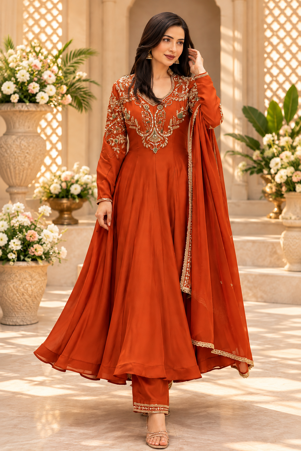 Rust Orange Roman Silk Embroidered Anarkali Gown Set with Dupatta & Palazzo