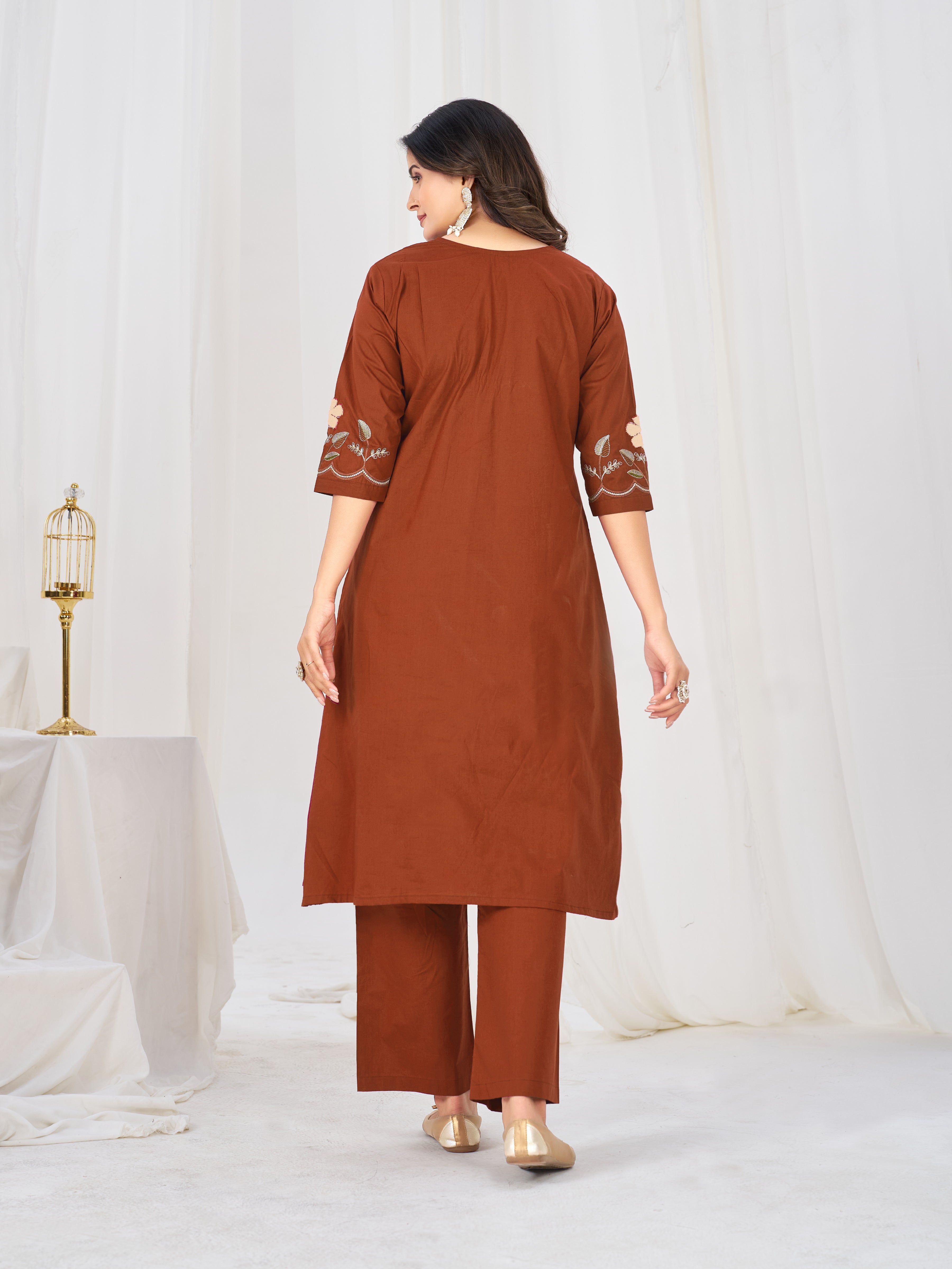 Rust Pure Cotton Embroidered Anarkali Kurti Set with Dupatta
