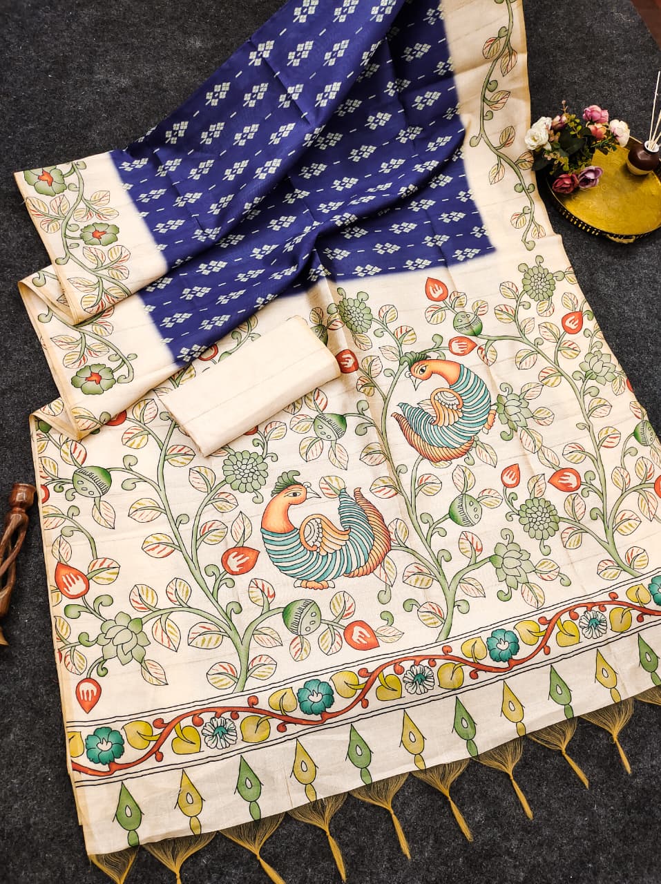 Soft Tussar Silk Saree with Ikat Pattern & Kalamkari Border | Designer Traditional Saree