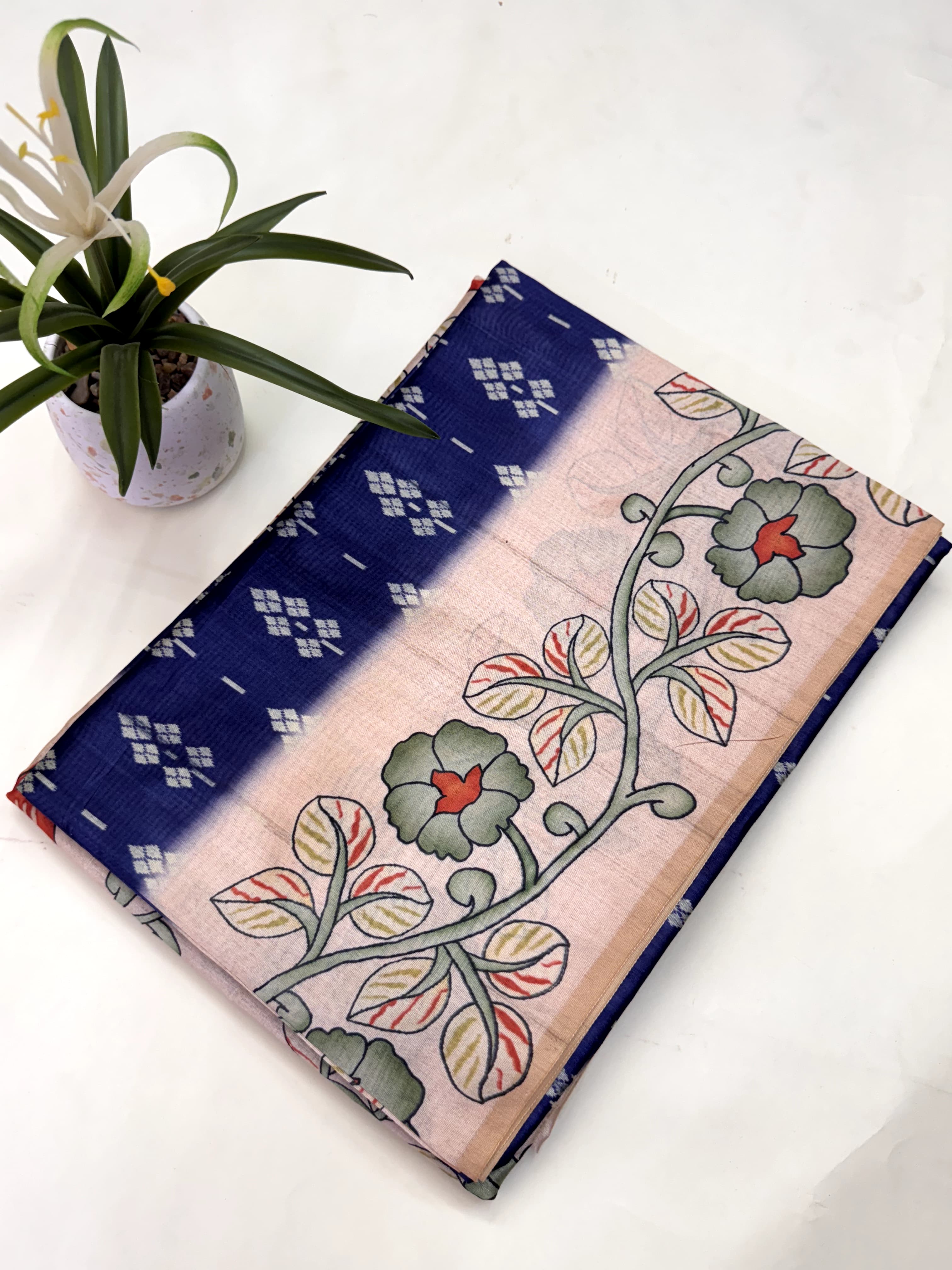 Soft Tussar Silk Saree with Ikat Pattern & Kalamkari Border | Designer Traditional Saree