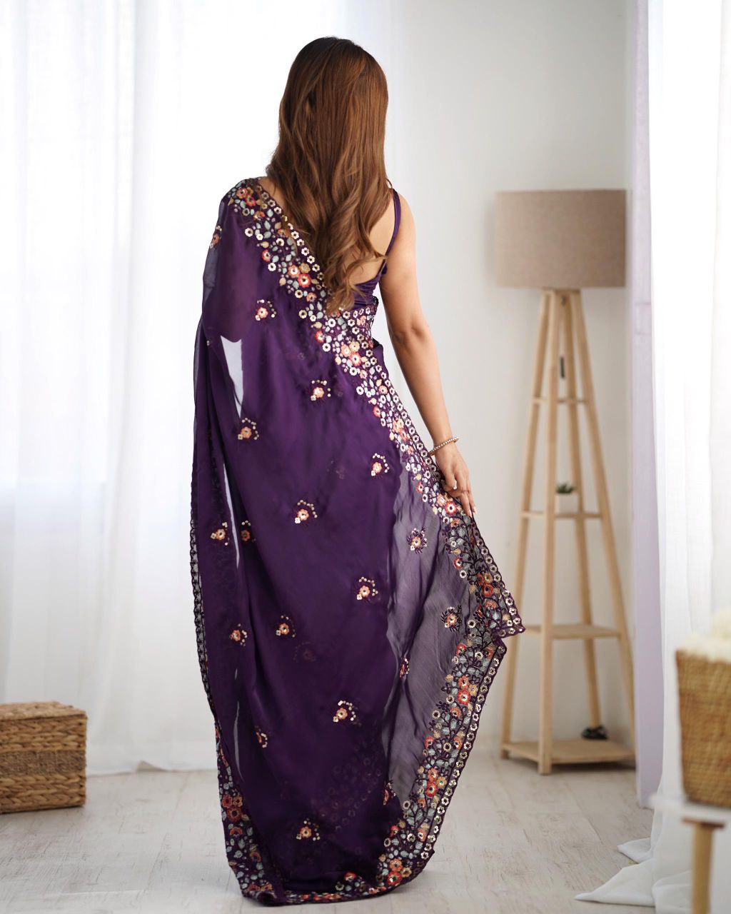 Satin Chiffon Embroidered Saree for Wedding & Festive Wear | Nardev Fashion