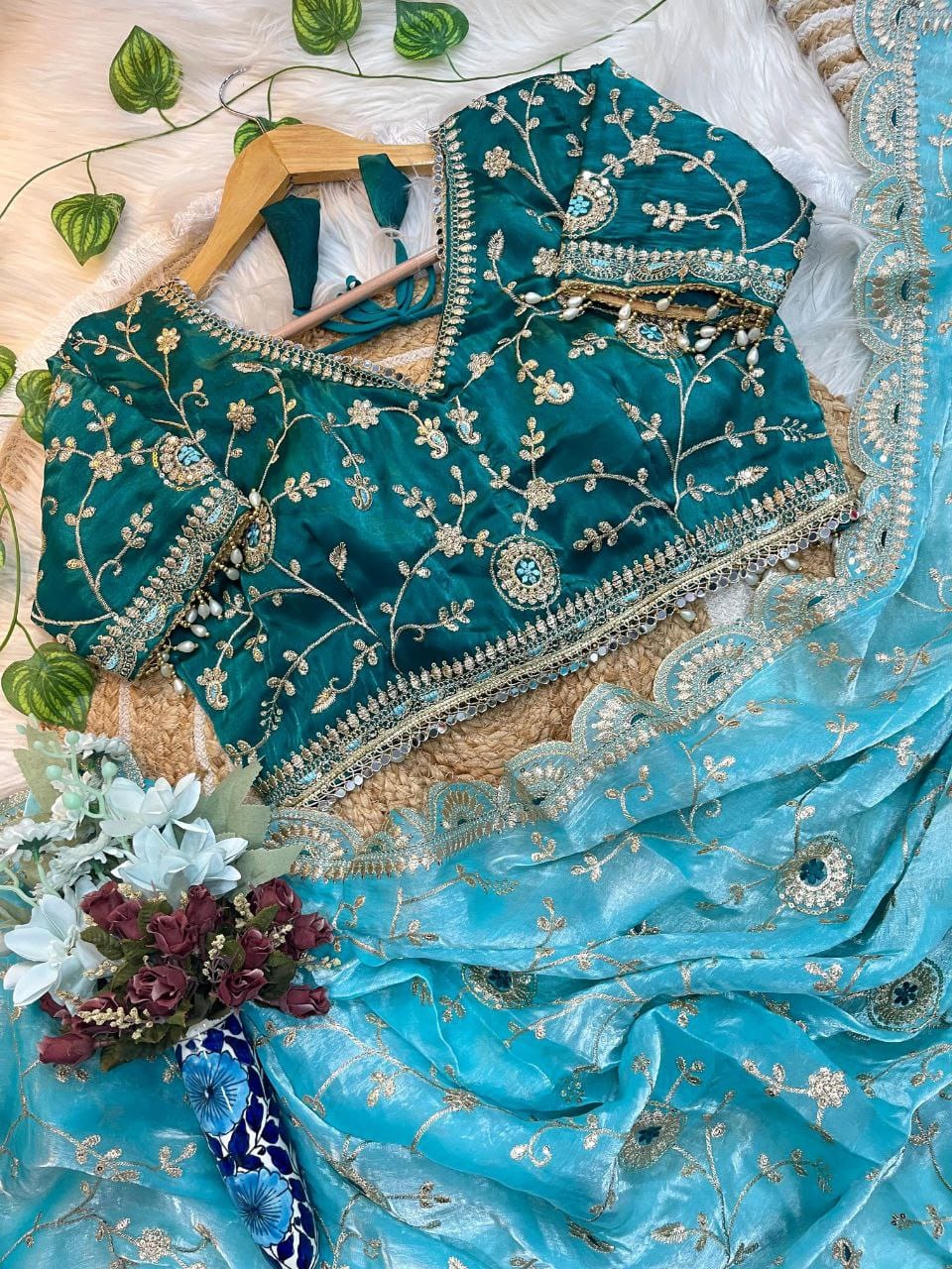 SkyBlue Saree for DJ in Destination Weddings | Nardev Fashion | Stitched Blouse