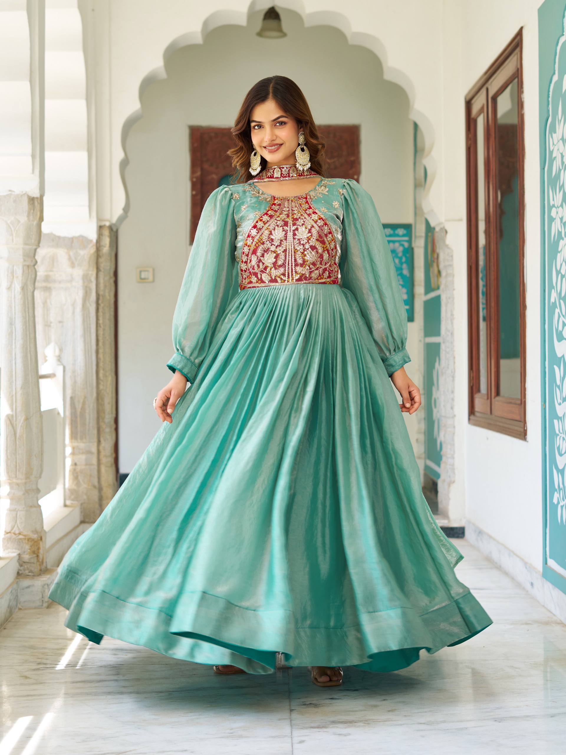 Sky Color Bishop Sleeves Anarkali Dress | Nardev Fashion