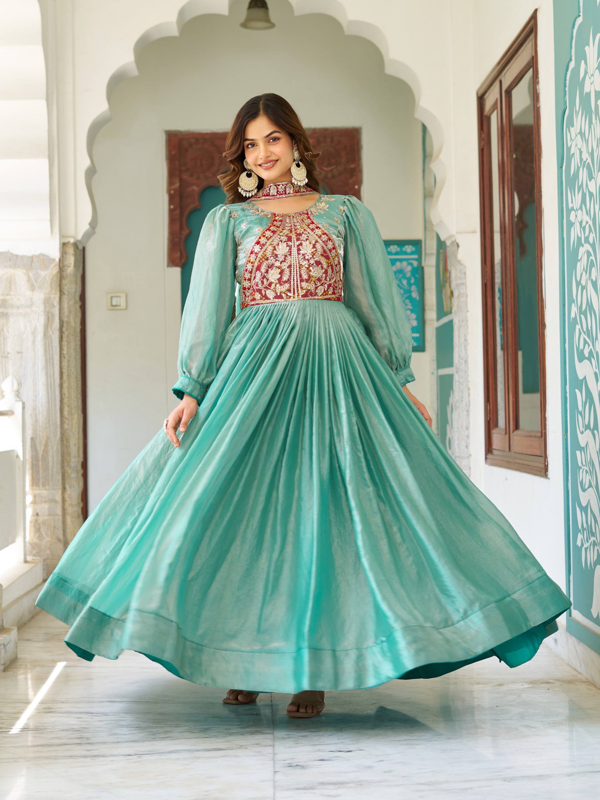 Sky Color Bishop Sleeves Anarkali Dress | Nardev Fashion