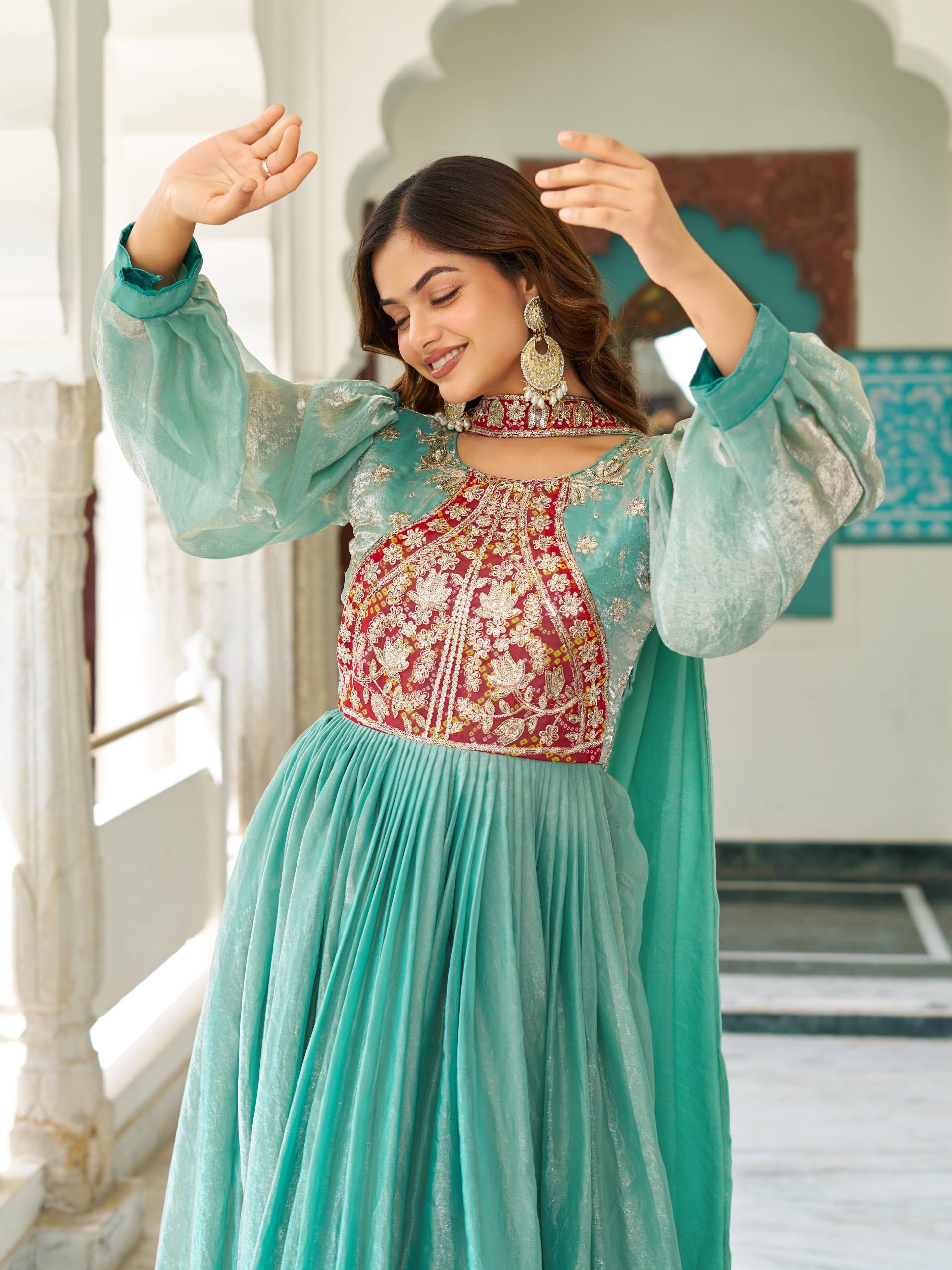 Sky Color Bishop Sleeves Anarkali Dress | Nardev Fashion