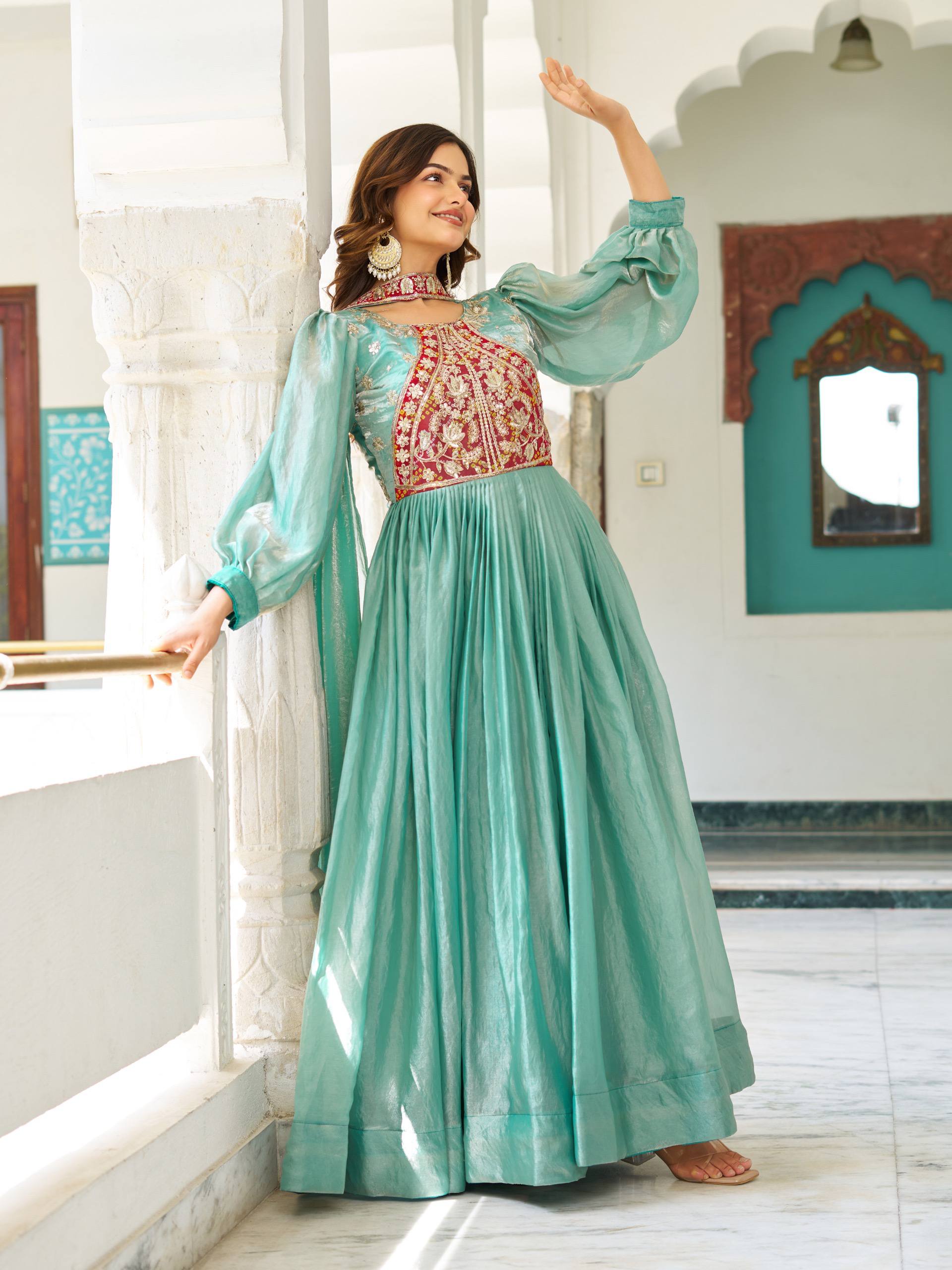 Sky Color Bishop Sleeves Anarkali Dress | Nardev Fashion