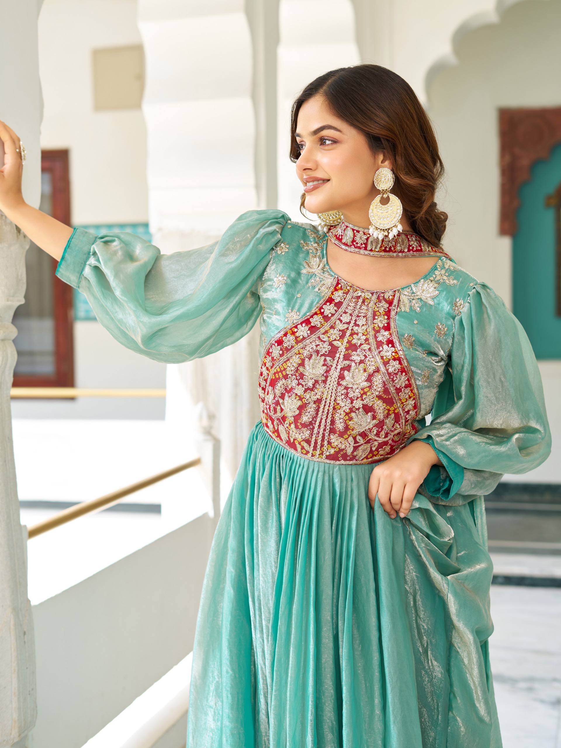 Sky Color Bishop Sleeves Anarkali Dress | Nardev Fashion