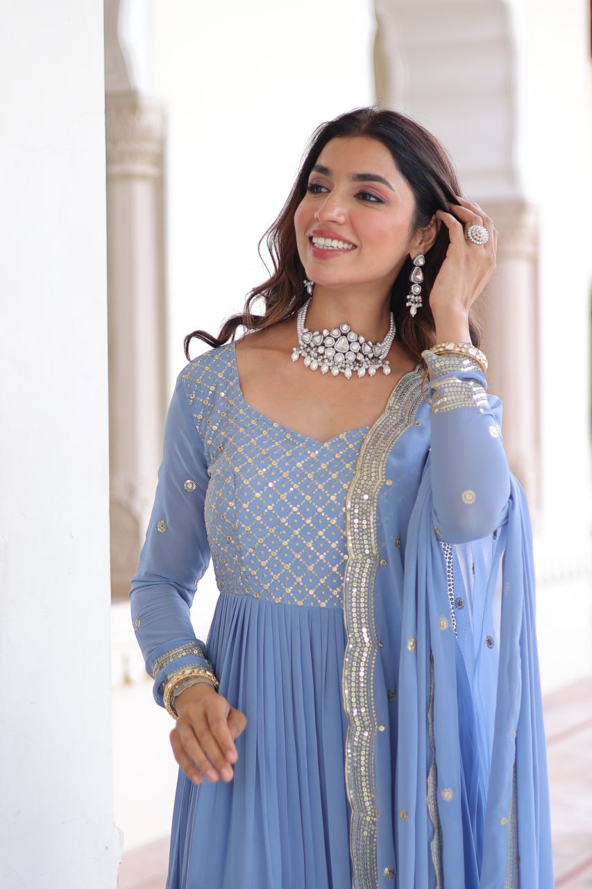Sky Color Wedding Wear Flaired Anarkali with Dupatta | Nardev Fashion
