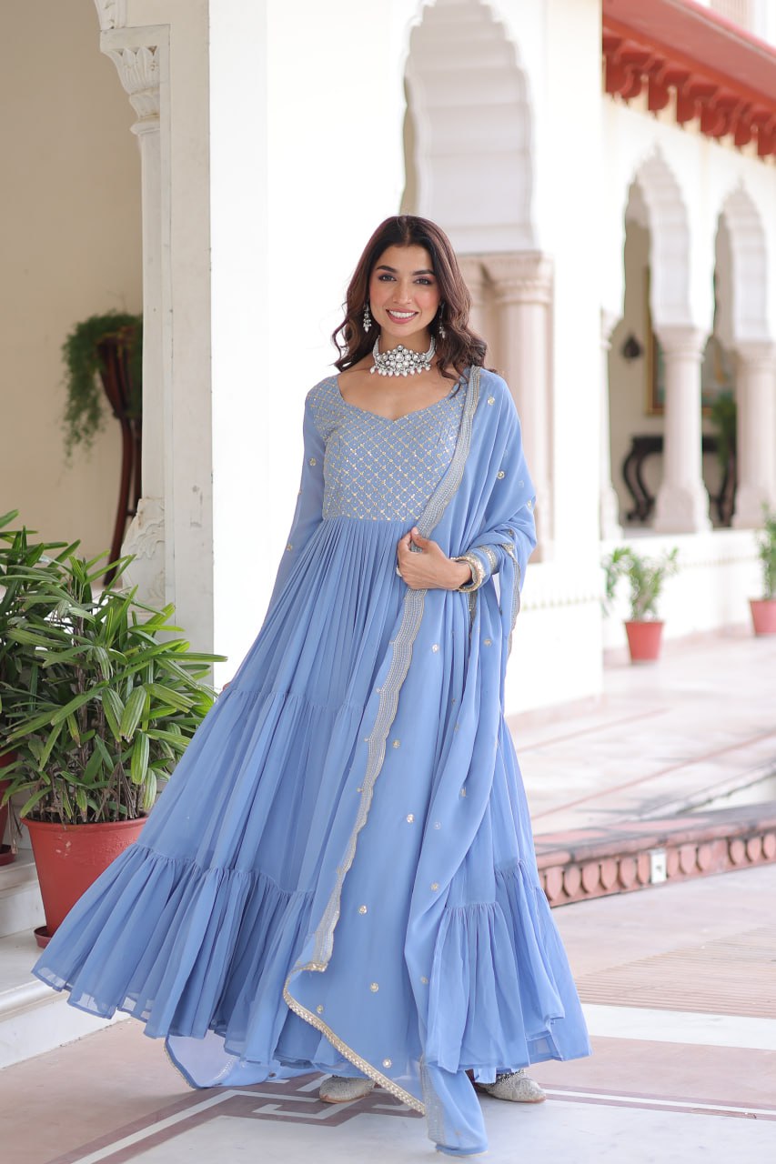 Sky Color Wedding Wear Flaired Anarkali with Dupatta | Nardev Fashion