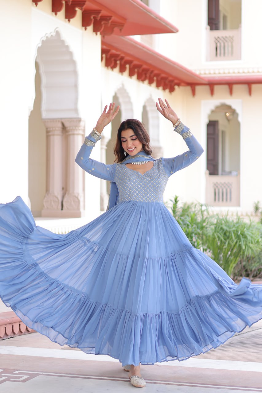 Sky Color Wedding Wear Flaired Anarkali with Dupatta | Nardev Fashion