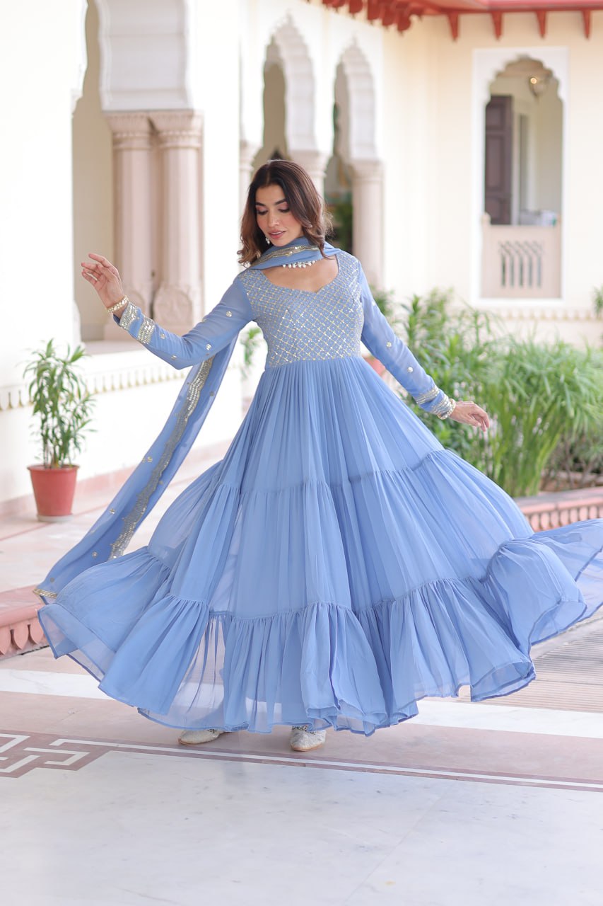 Sky Color Wedding Wear Flaired Anarkali with Dupatta | Nardev Fashion