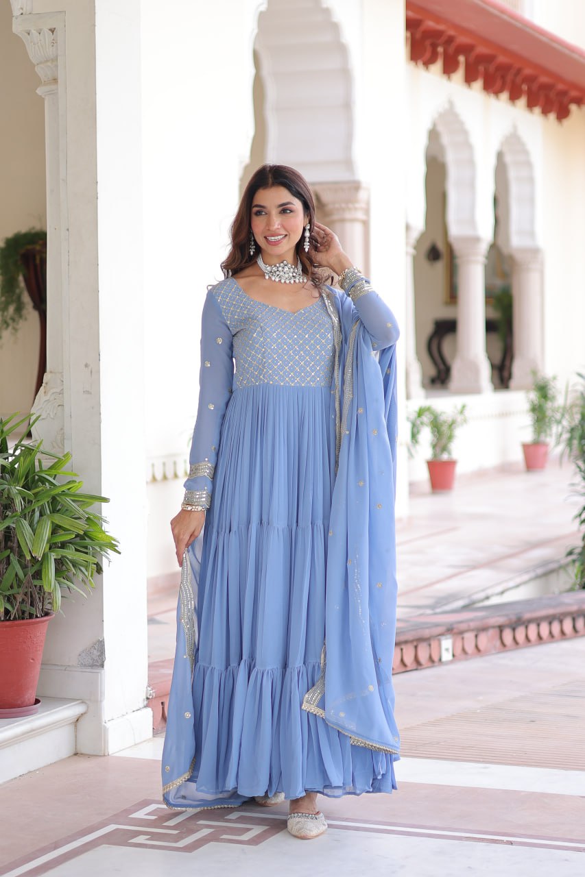 Sky Color Wedding Wear Flaired Anarkali with Dupatta | Nardev Fashion