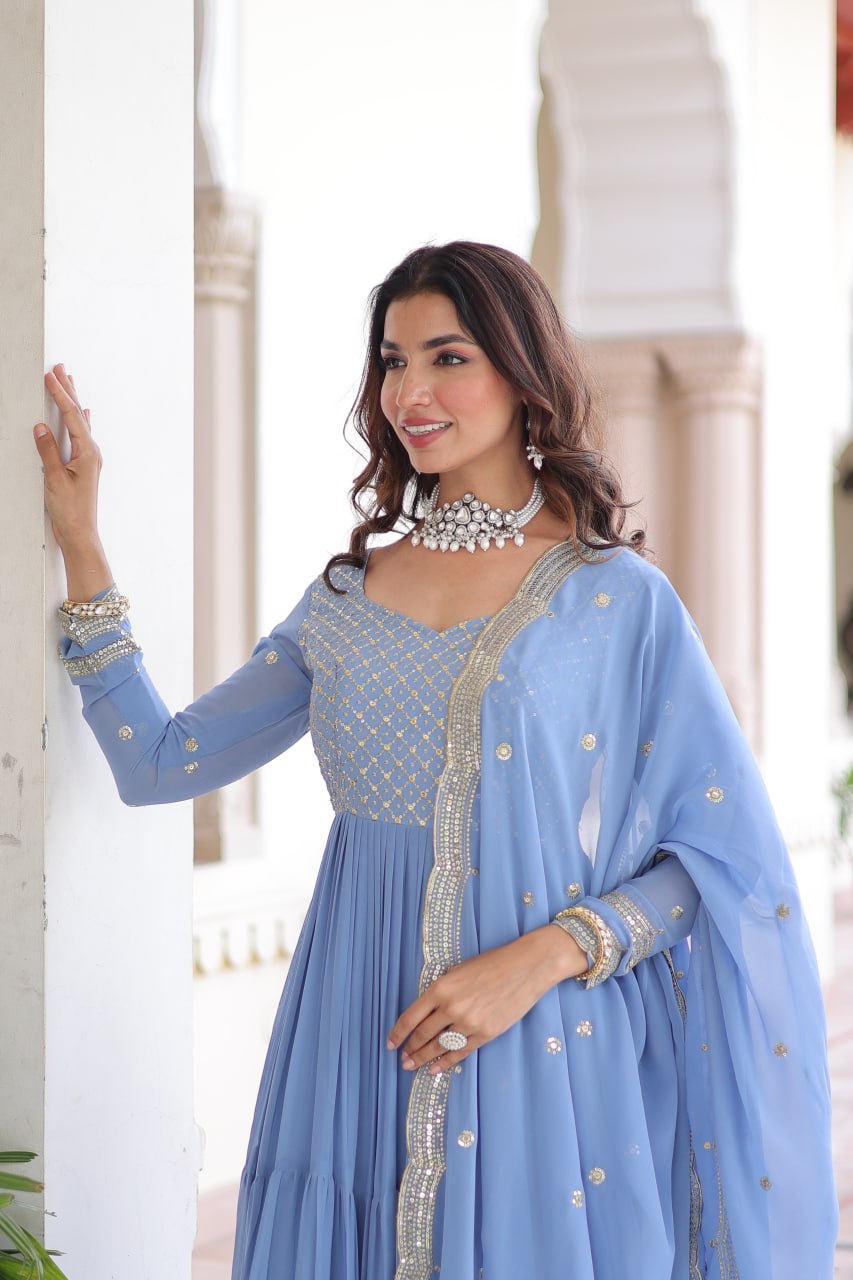 Sky Color Wedding Wear Flaired Anarkali with Dupatta | Nardev Fashion
