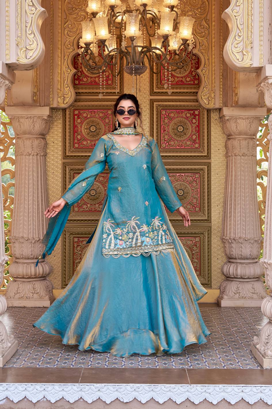Sky Color Fendy Partywear Kurti Lehenga Set | Nardev Fashion