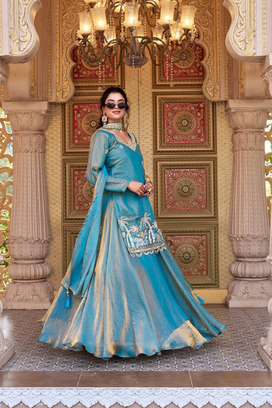 Sky Color Fendy Partywear Kurti Lehenga Set | Nardev Fashion