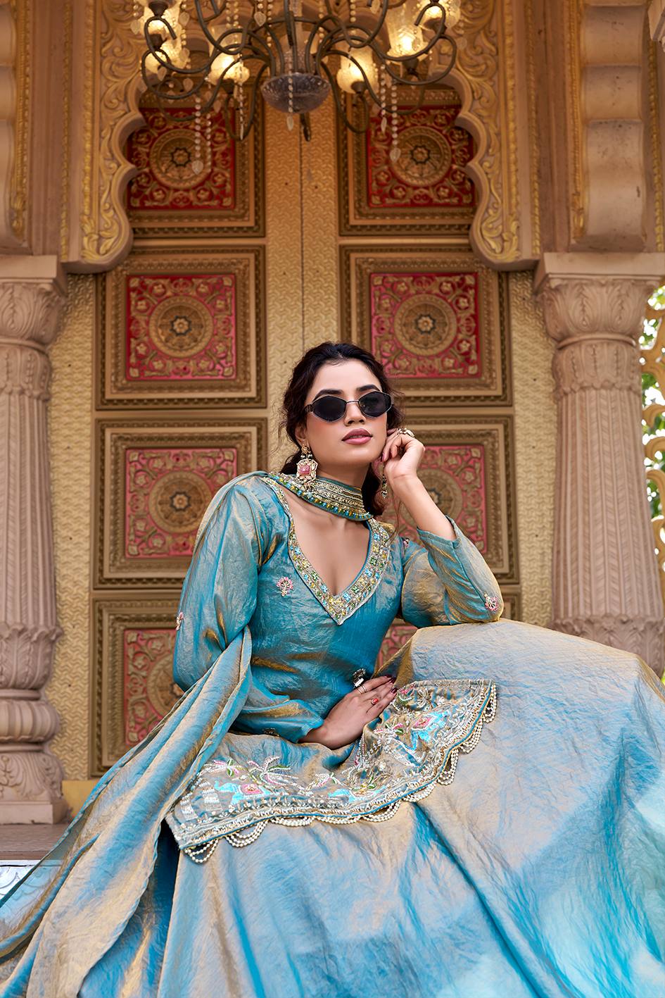 Sky Color Fendy Partywear Kurti Lehenga Set | Nardev Fashion
