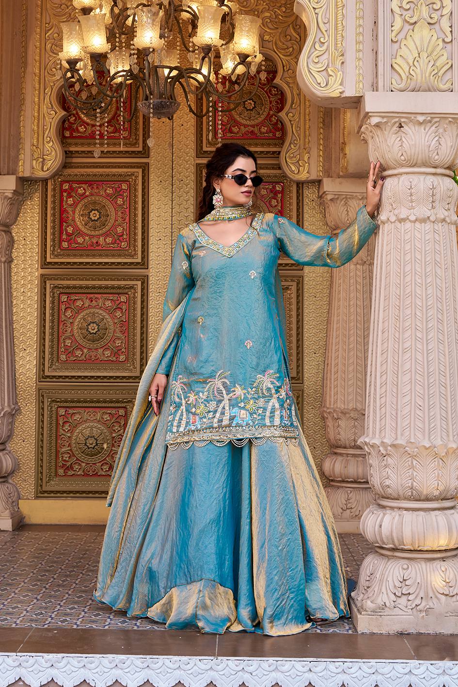 Sky Color Fendy Partywear Kurti Lehenga Set | Nardev Fashion
