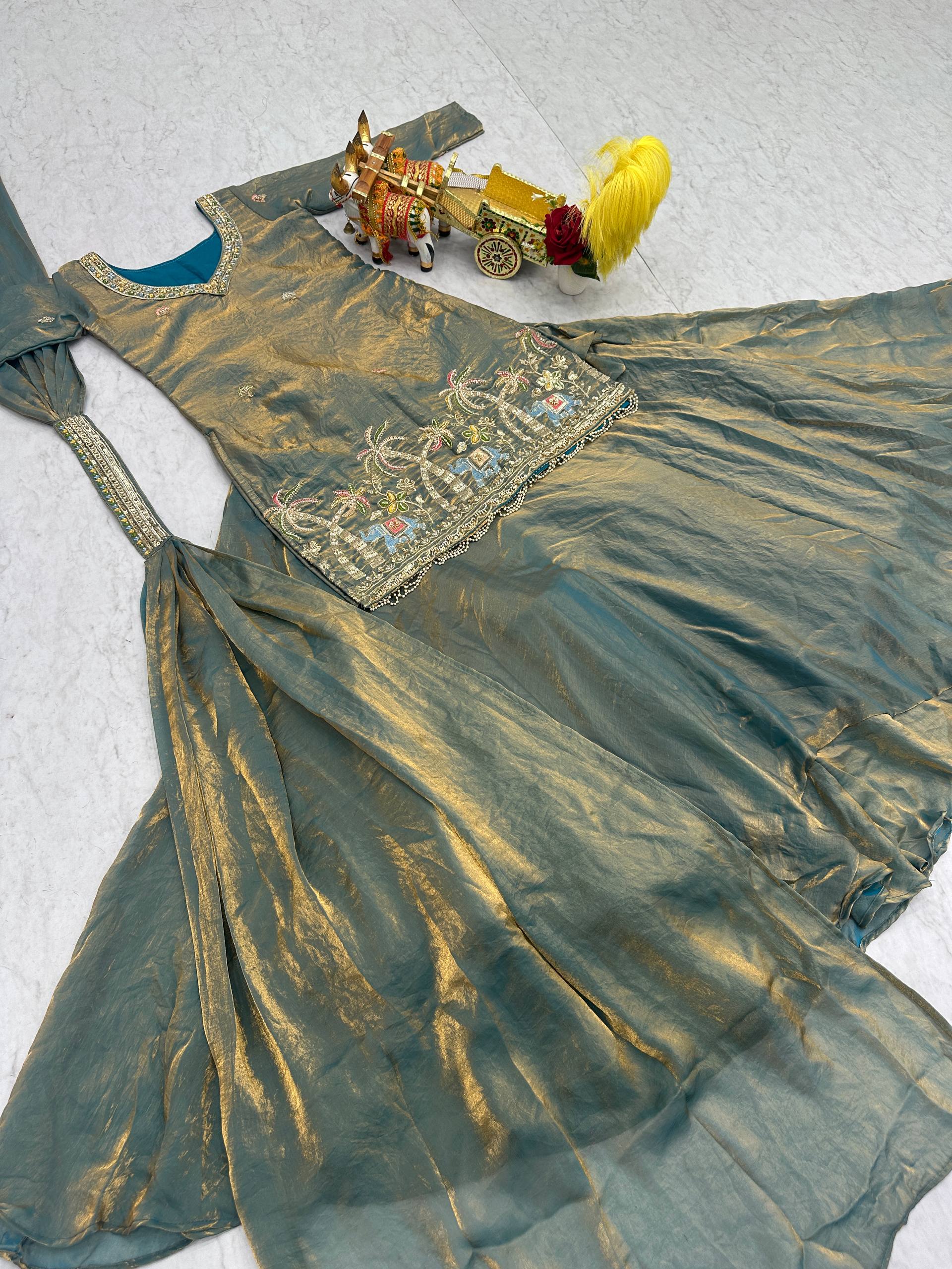 Sky Color Fendy Partywear Kurti Lehenga Set | Nardev Fashion