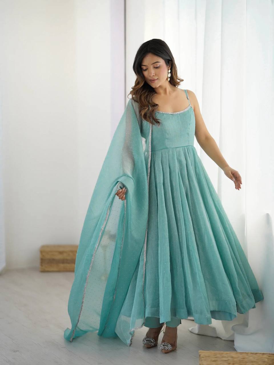 Sky Color Sleevless Anarkali Gown Set - Aarti Chauhan