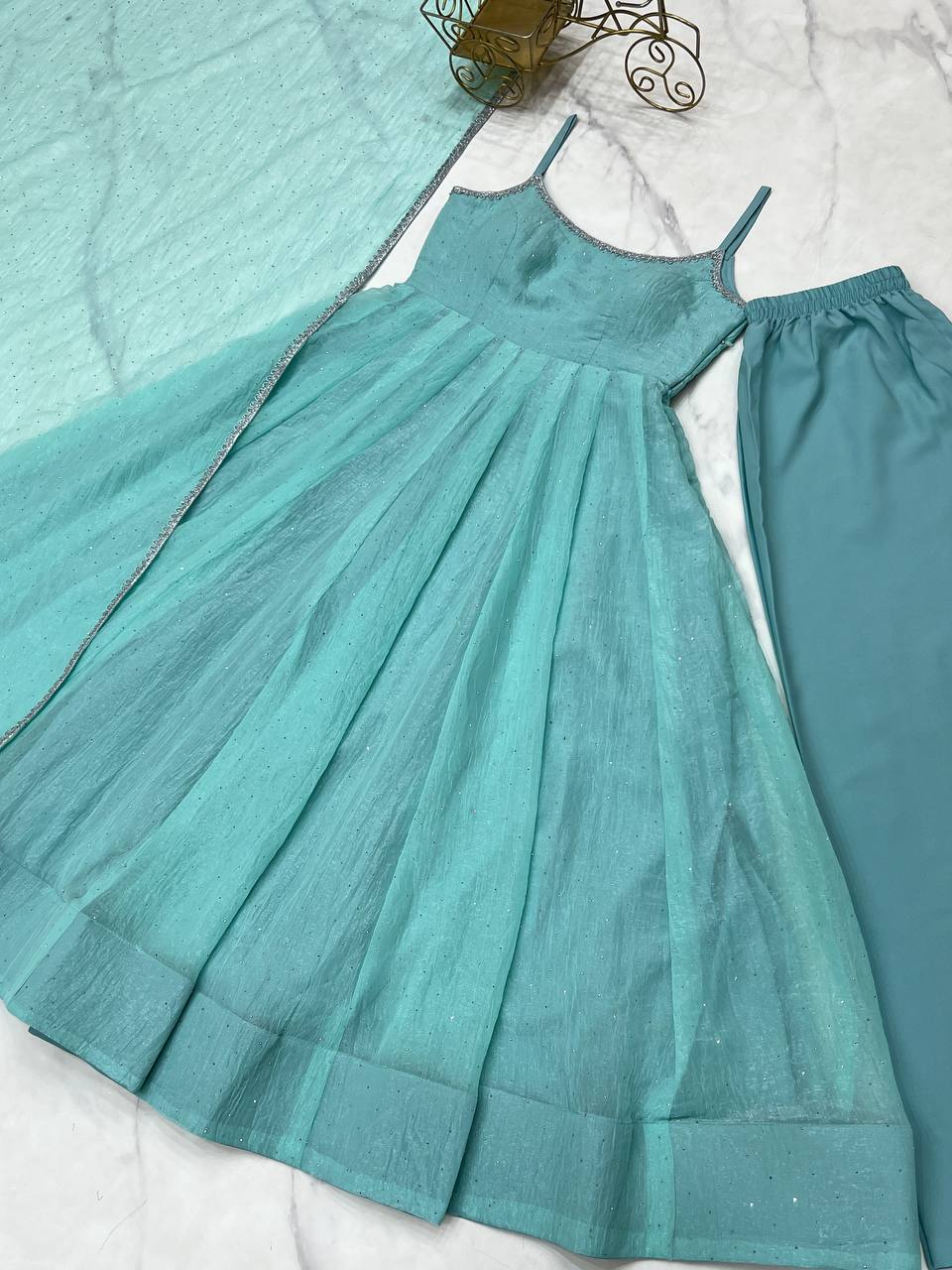 Sky Color Sleevless Anarkali Gown Set - Aarti Chauhan