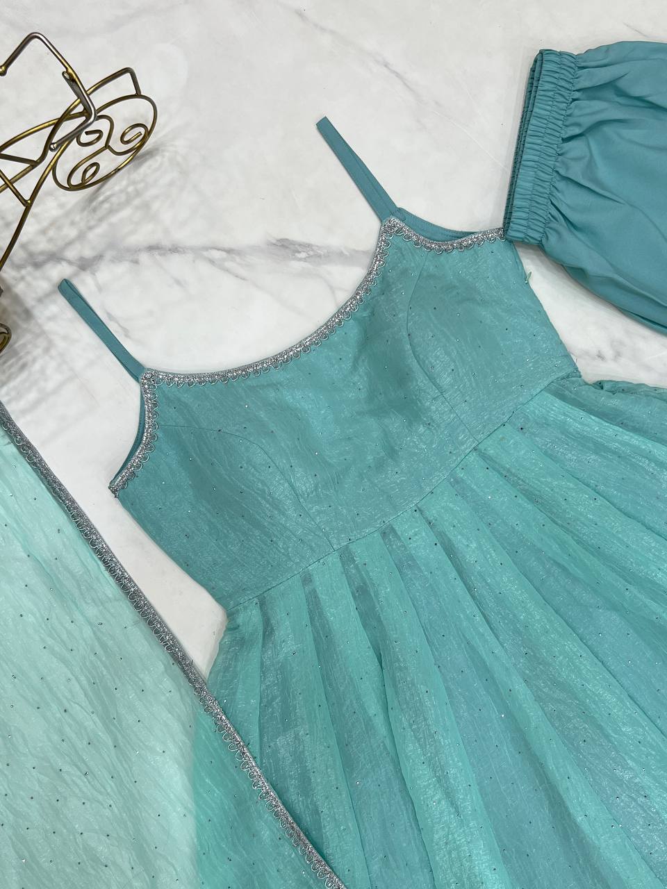 Sky Color Sleevless Anarkali Gown Set - Aarti Chauhan