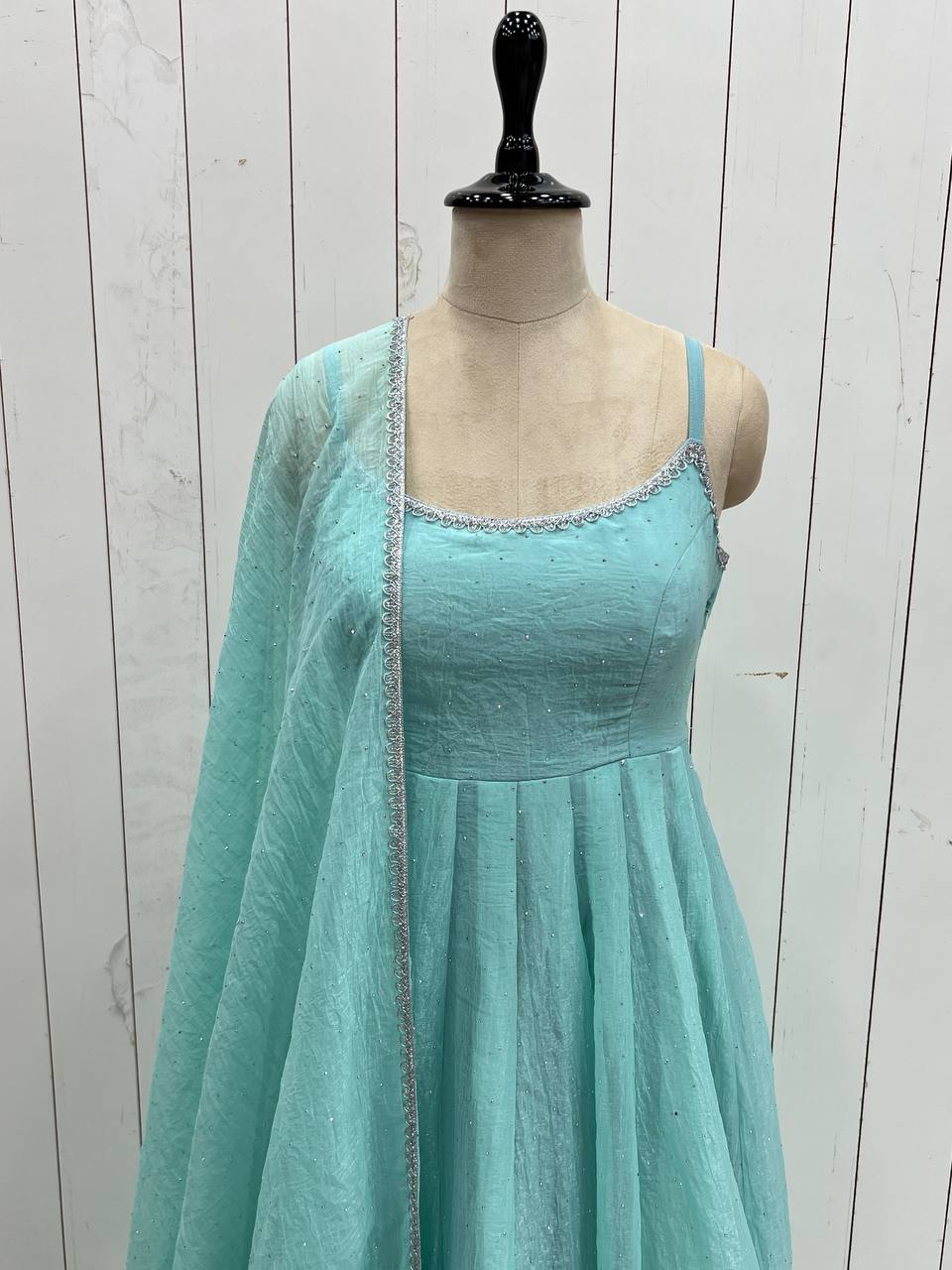 Sky Color Sleevless Anarkali Gown Set - Aarti Chauhan