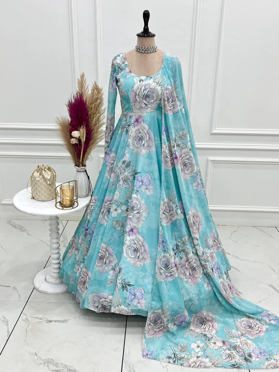 Sky Floral Print Anarkali Set | Nardev Fashion