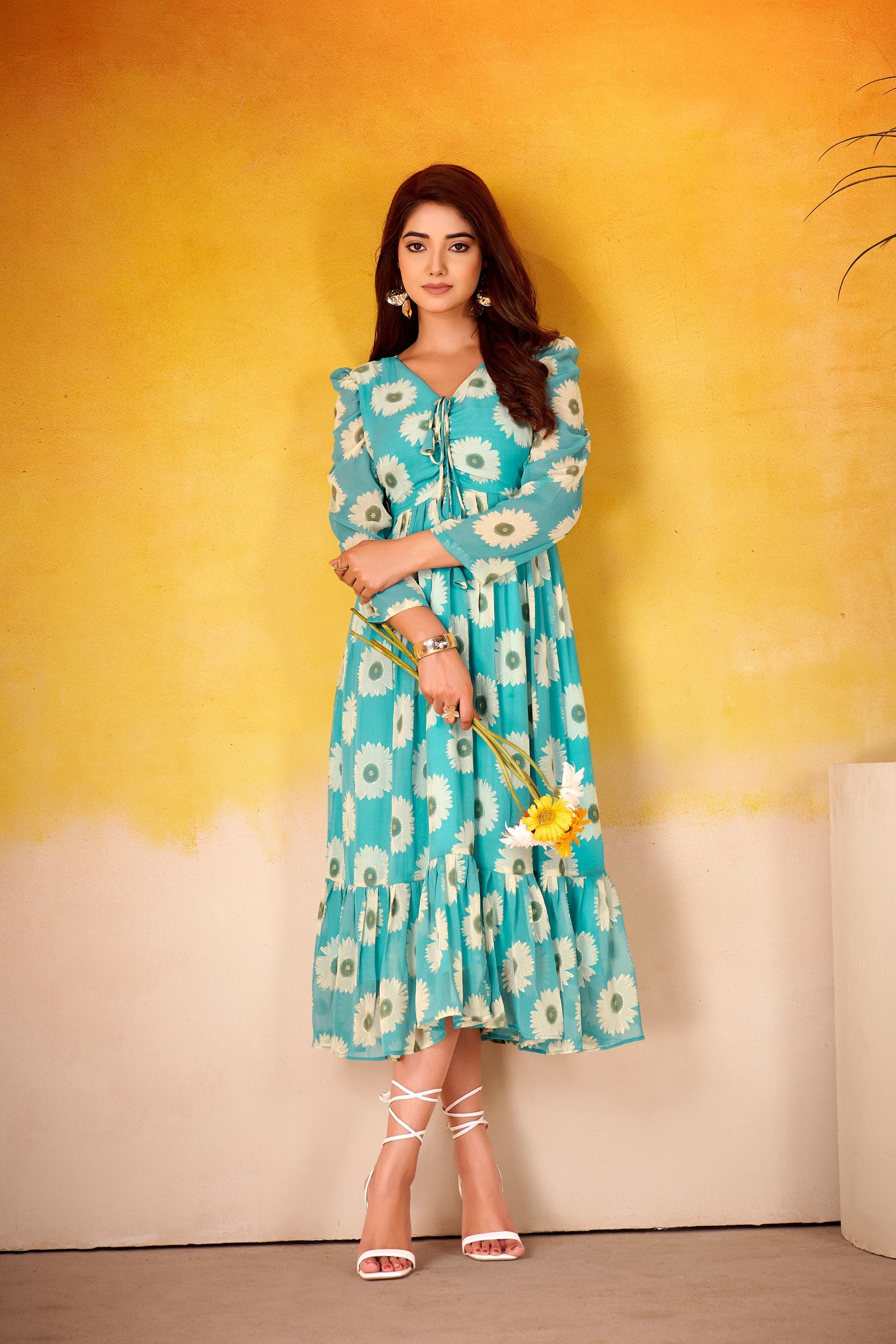 Skyblue Girlish Frock - Floral Print Midi Gown | Nardev Fashion