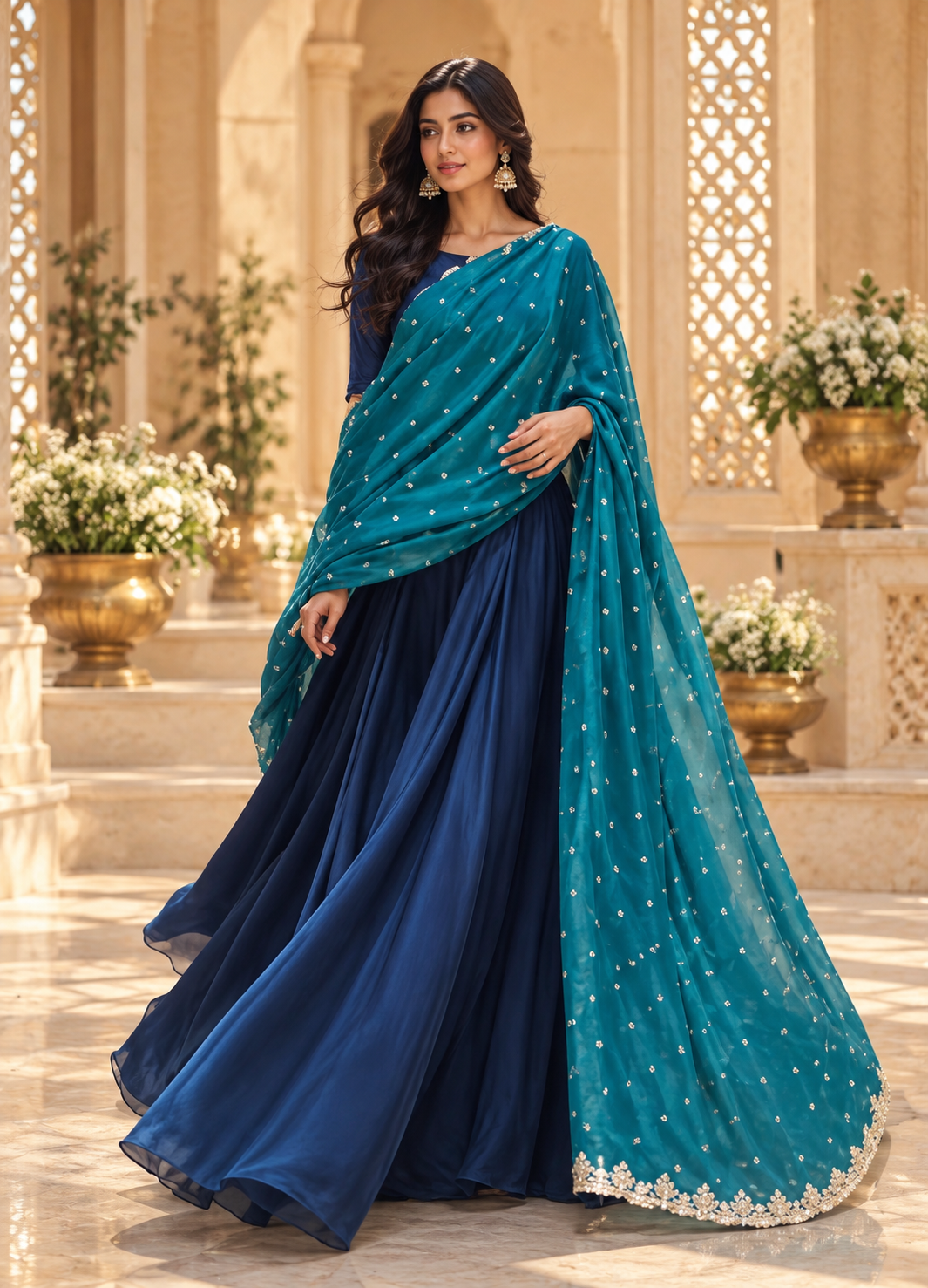 Royal Blue Fandy Crush Silk Anarkali Gown Set with Sequin Dupatta & Palazzo