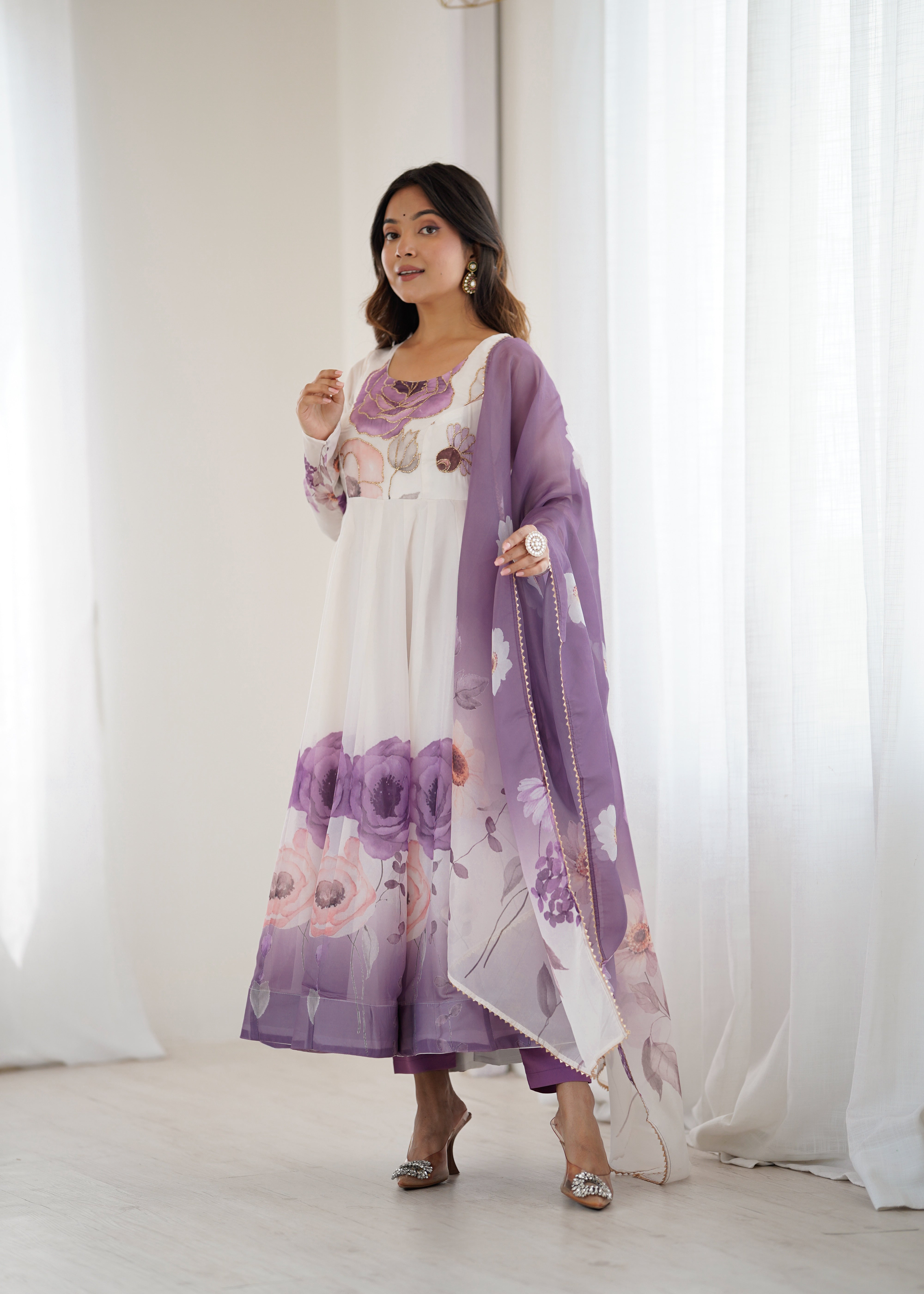 Violet Color Festival Floral Anarkali Set - Aarti Chauhan
