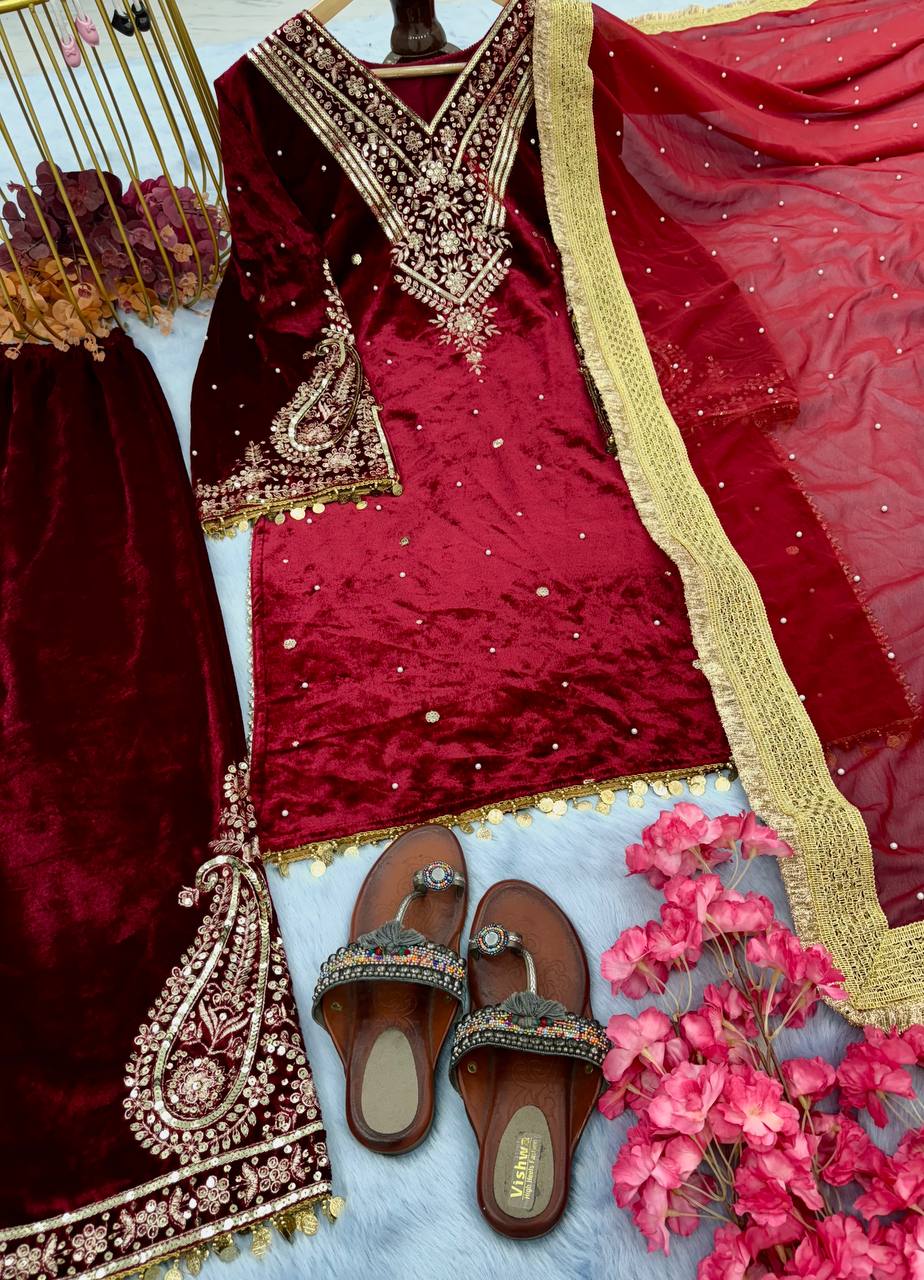 Mehroon Pakistani Velvet Suit | Ready to Wear