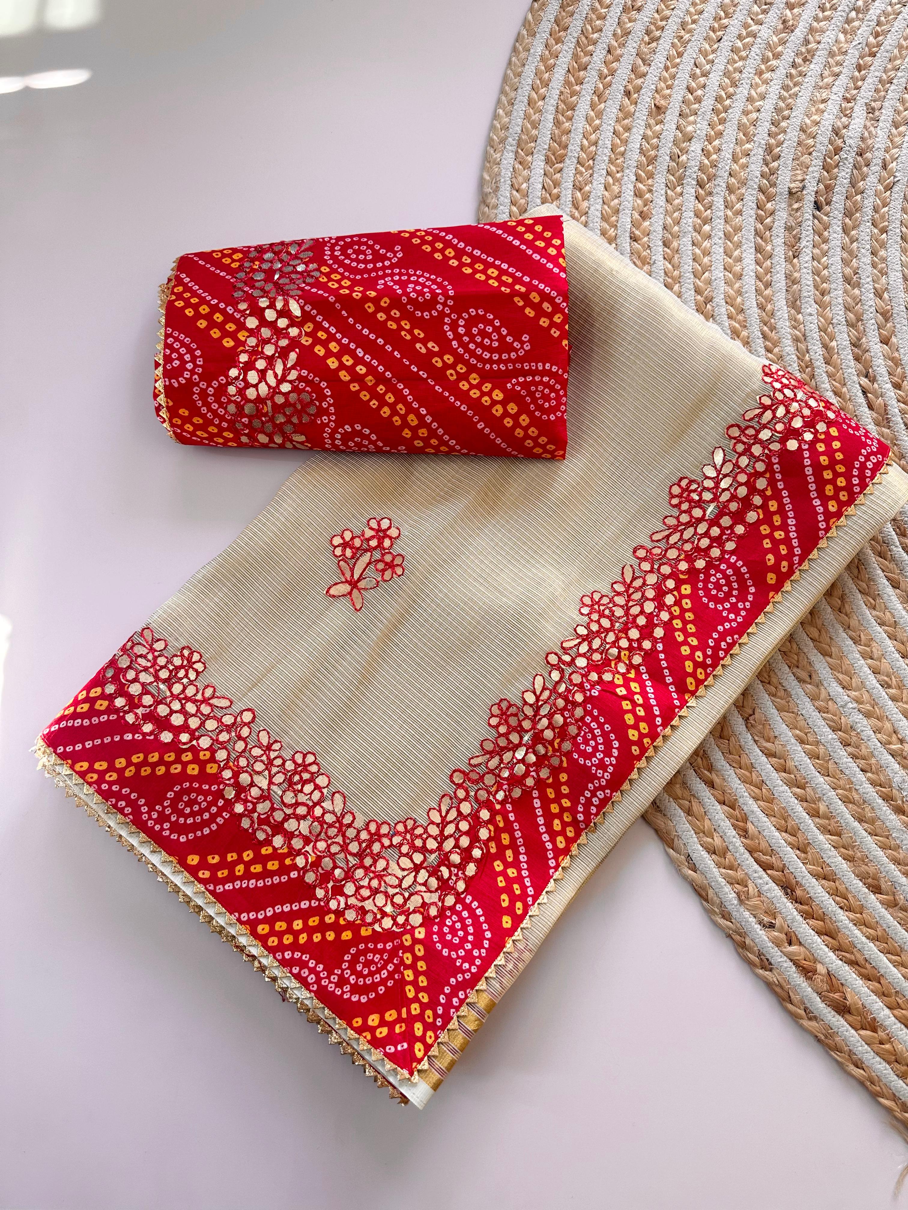 Weaved Zari Kota Doriya Saree with Gotapatti & Bandhani Border | Jodha