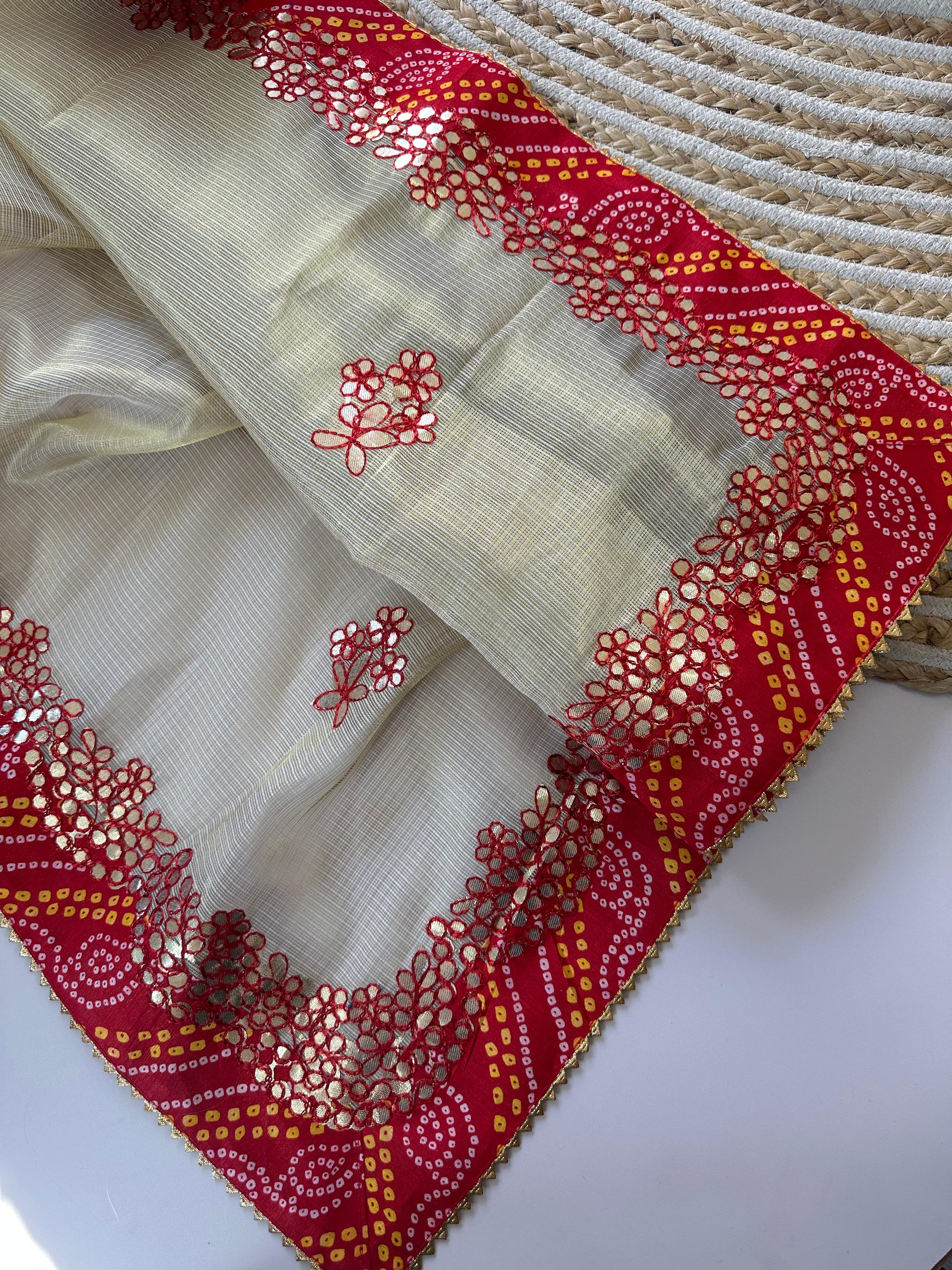 Weaved Zari Kota Doriya Saree with Gotapatti & Bandhani Border | Jodha