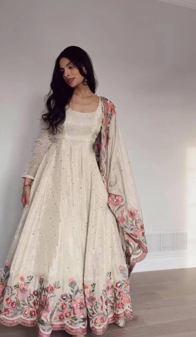 Partywear Heavy Pure Chinon Silk Embroidered Gown Pant Dupatta Set for Women