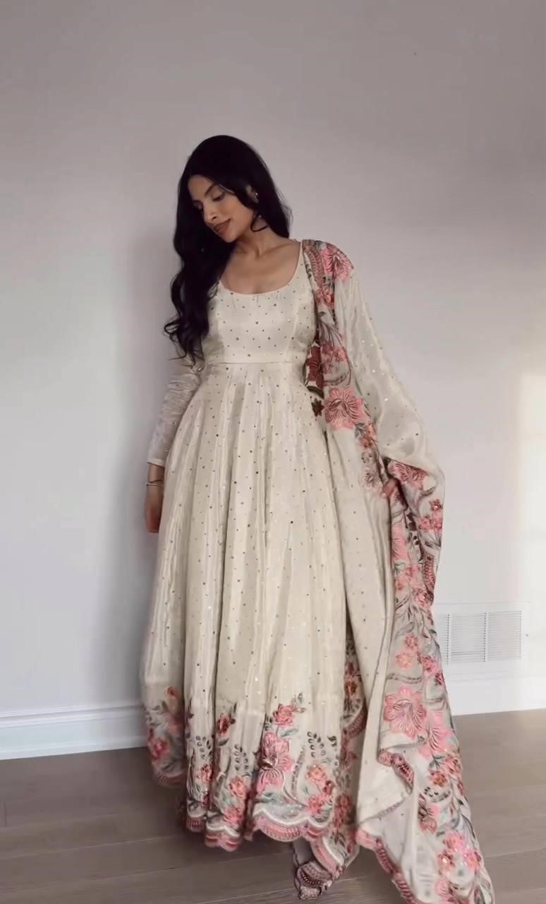 Partywear Heavy Pure Chinon Silk Embroidered Gown Pant Dupatta Set for Women