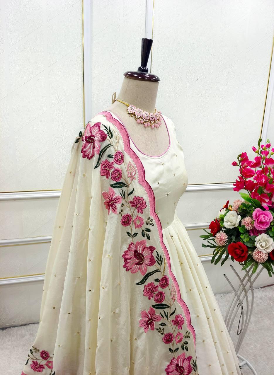 Partywear Heavy Pure Chinon Silk Embroidered Gown Pant Dupatta Set for Women