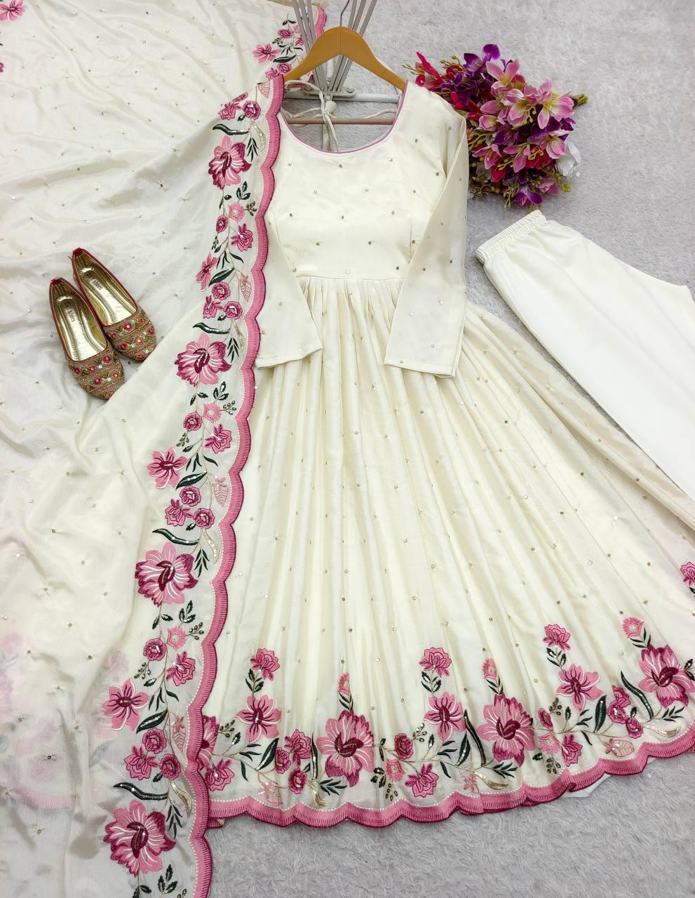 Partywear Heavy Pure Chinon Silk Embroidered Gown Pant Dupatta Set for Women