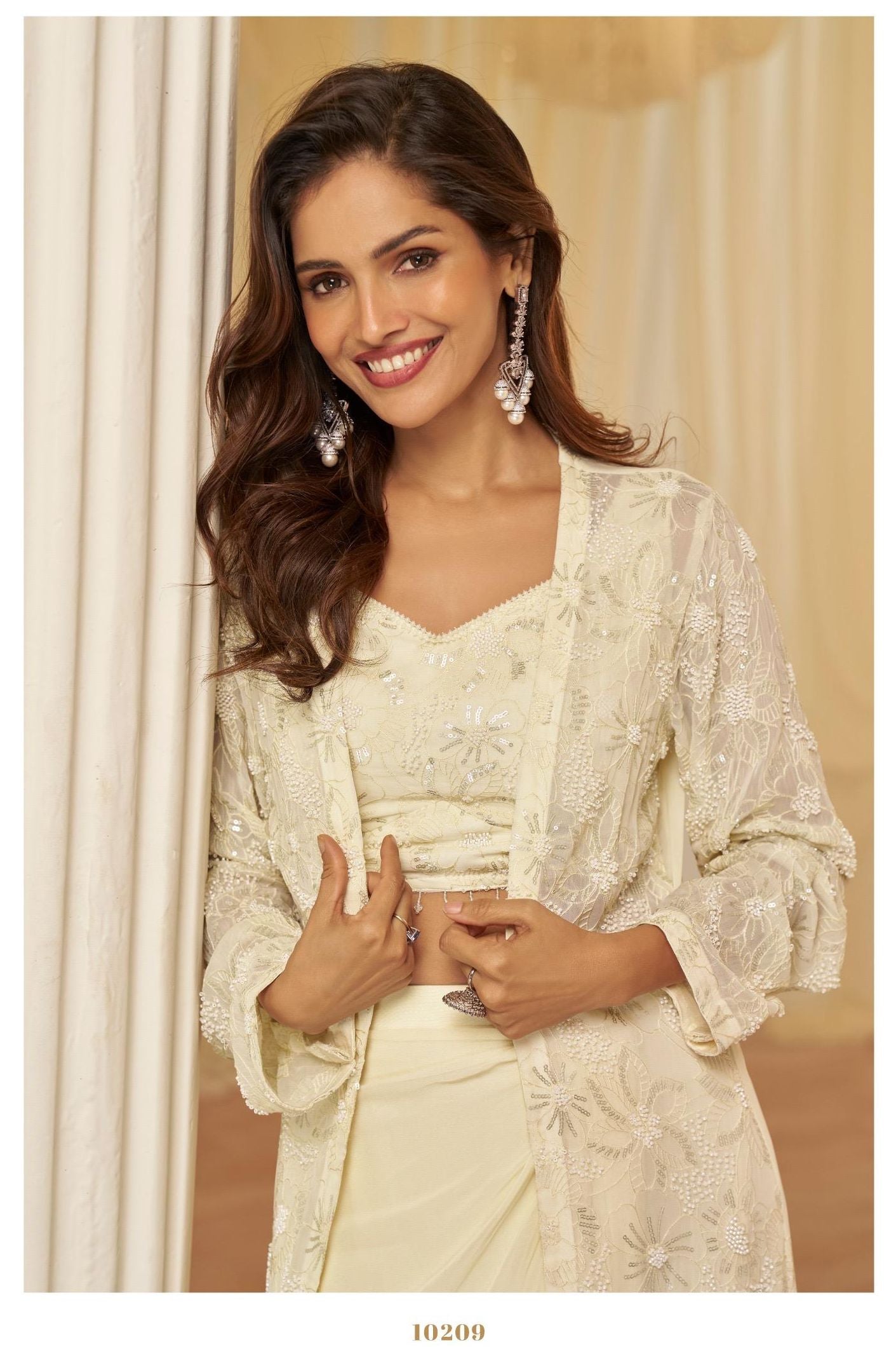 Partywear Real Georgette Embroidered Set with Jacket & Cowl Palazzo