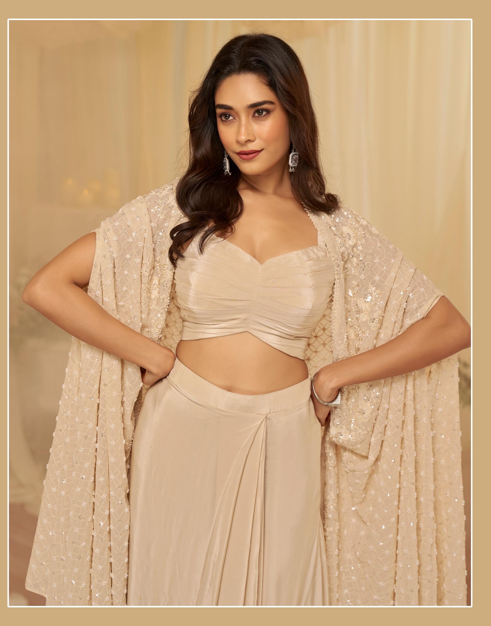 Partywear Real Georgette Embroidered Set with Jacket & Cowl Palazzo