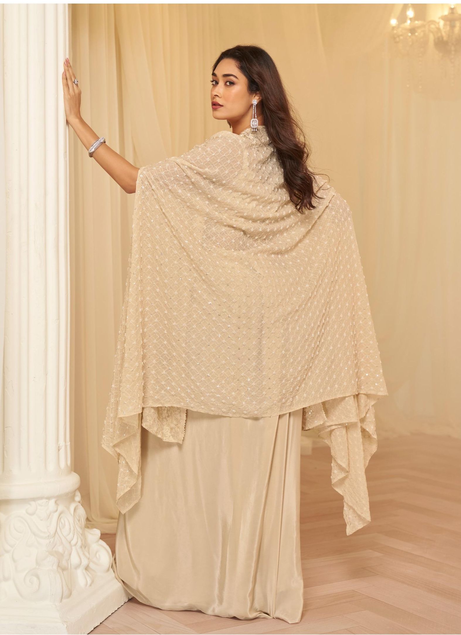 Partywear Real Georgette Embroidered Set with Jacket & Cowl Palazzo