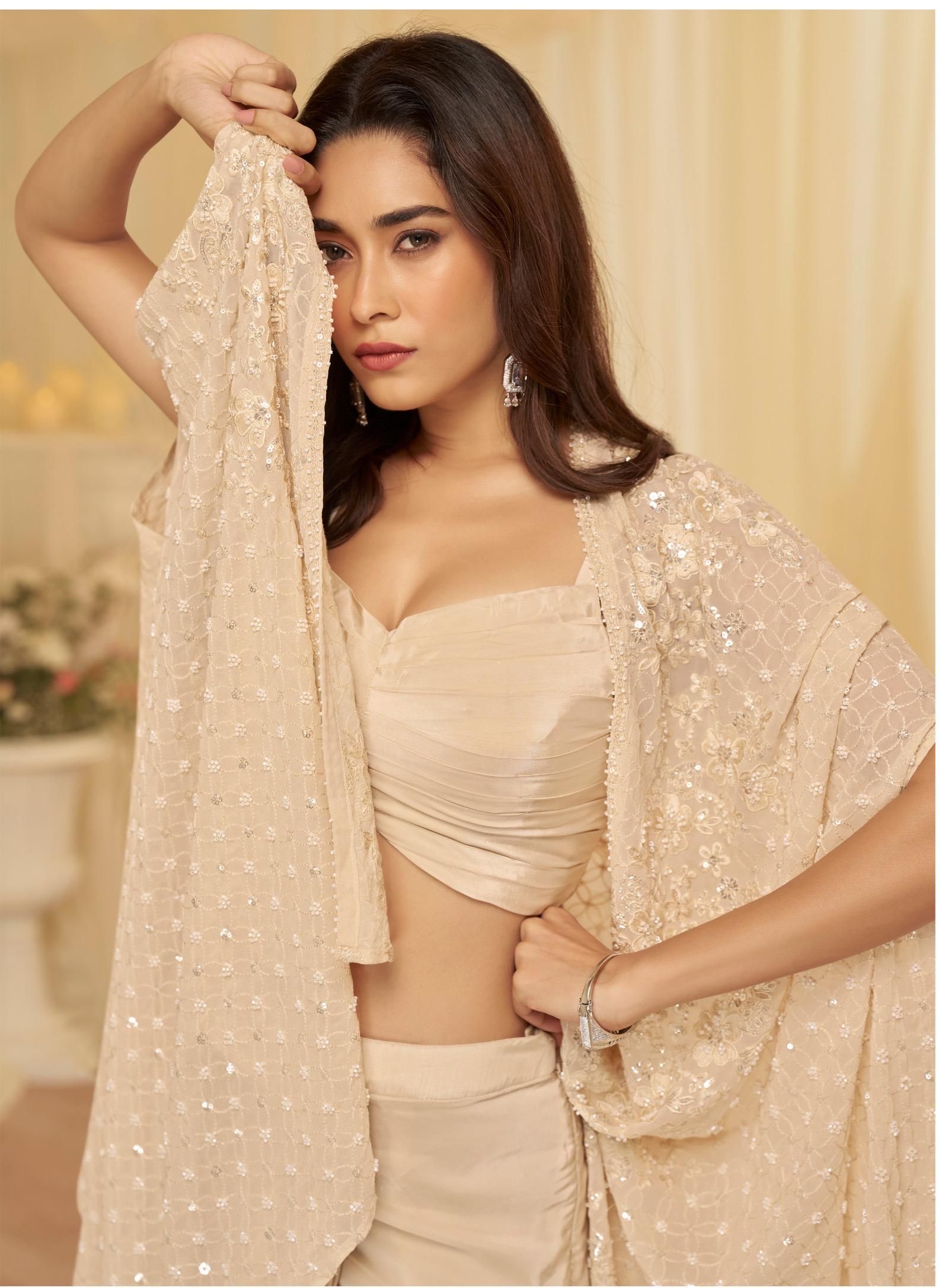 Partywear Real Georgette Embroidered Set with Jacket & Cowl Palazzo