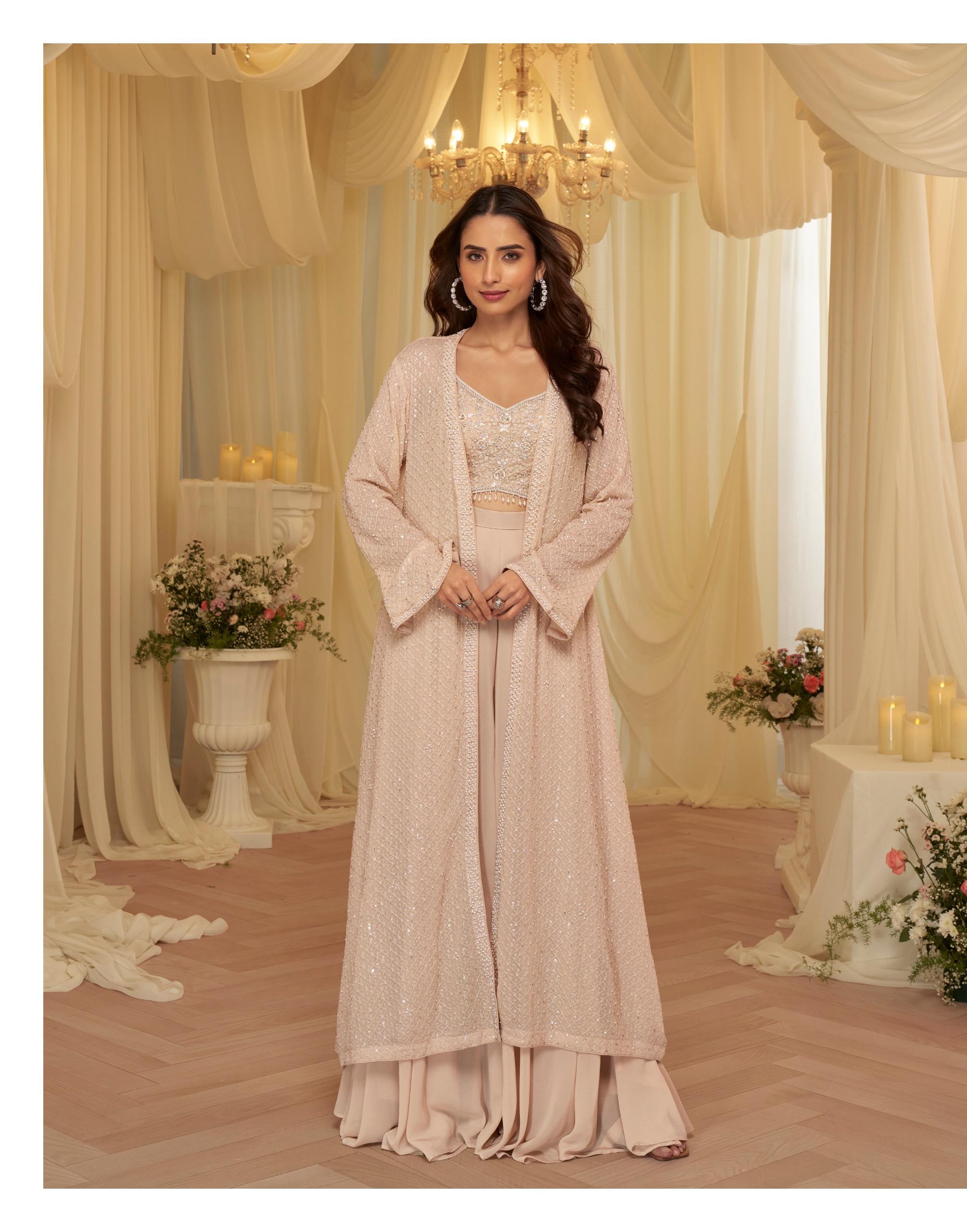 Exclusive Real Georgette Embroidered Set with Jacket & Cowl Palazzo | Western Wear