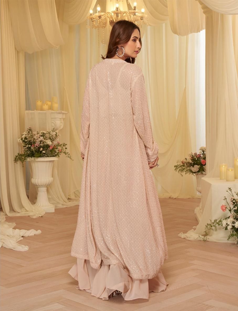 Exclusive Real Georgette Embroidered Set with Jacket & Cowl Palazzo | Western Wear