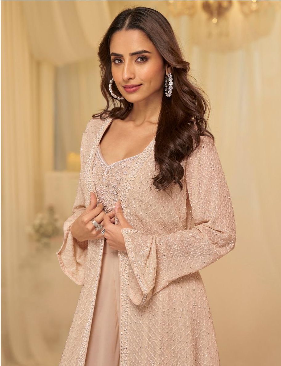 Exclusive Real Georgette Embroidered Set with Jacket & Cowl Palazzo | Western Wear